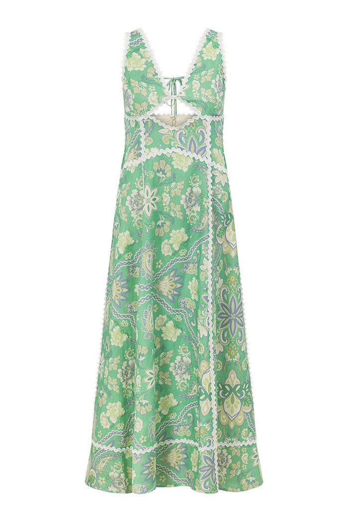 Paisley Print Lace Cut-Out Midi Dress