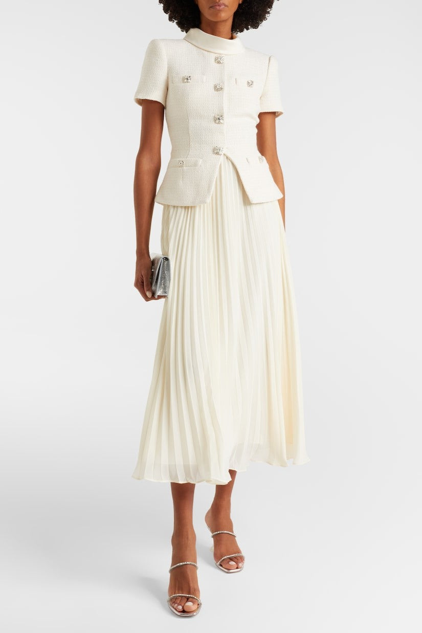 Button Stand Collar Top & High Waist Pleated Midi Skirt Set