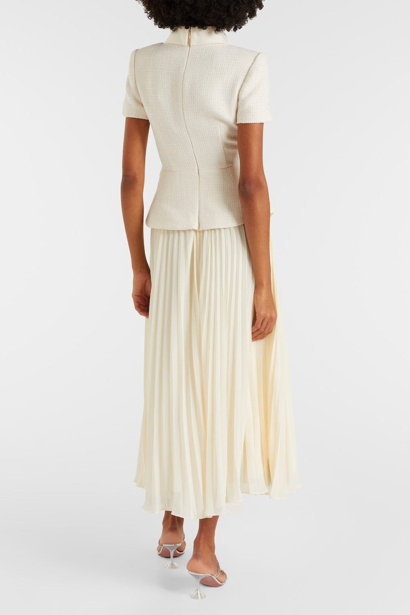 Button Stand Collar Top & High Waist Pleated Midi Skirt Set