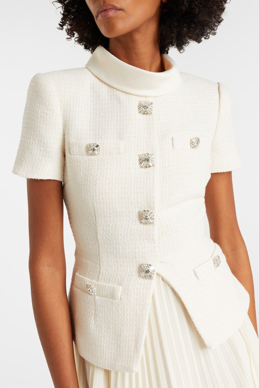 Button Stand Collar Top & High Waist Pleated Midi Skirt Set