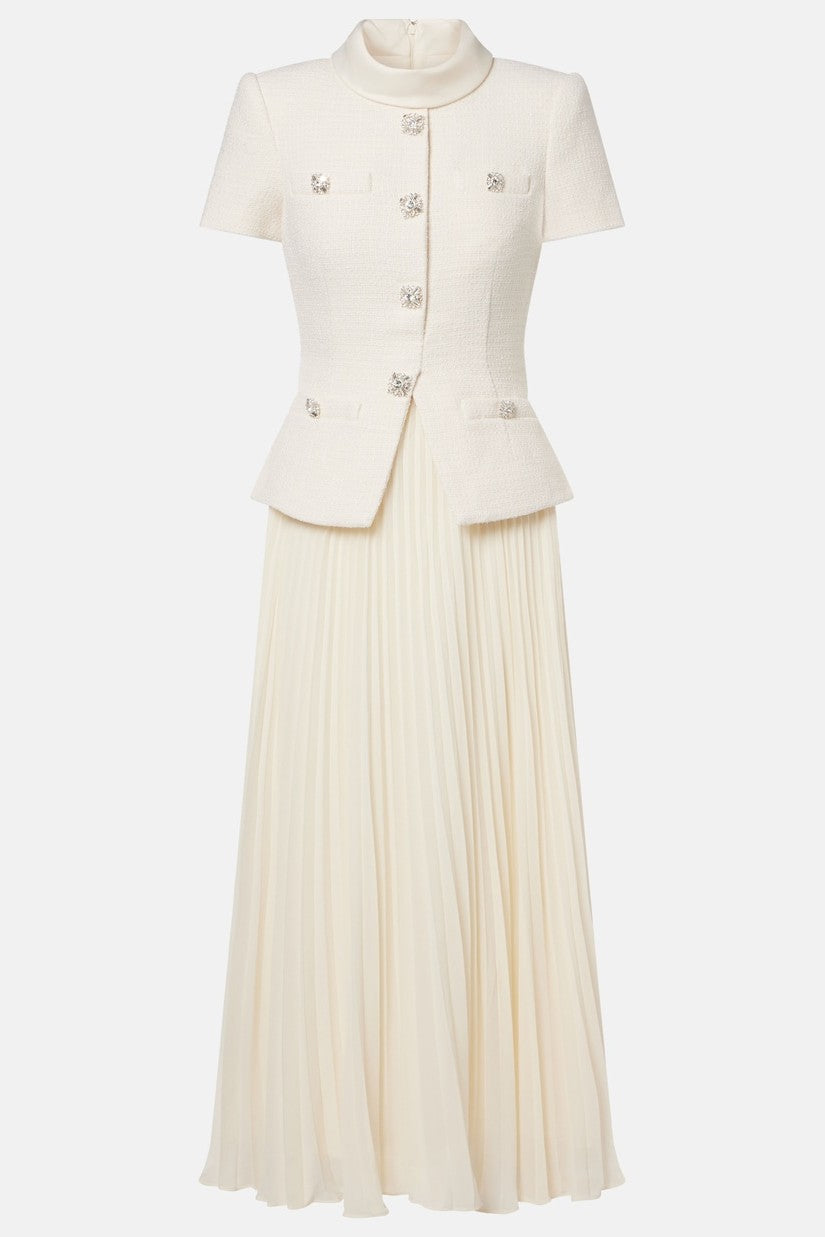 Button Stand Collar Top & High Waist Pleated Midi Skirt Set