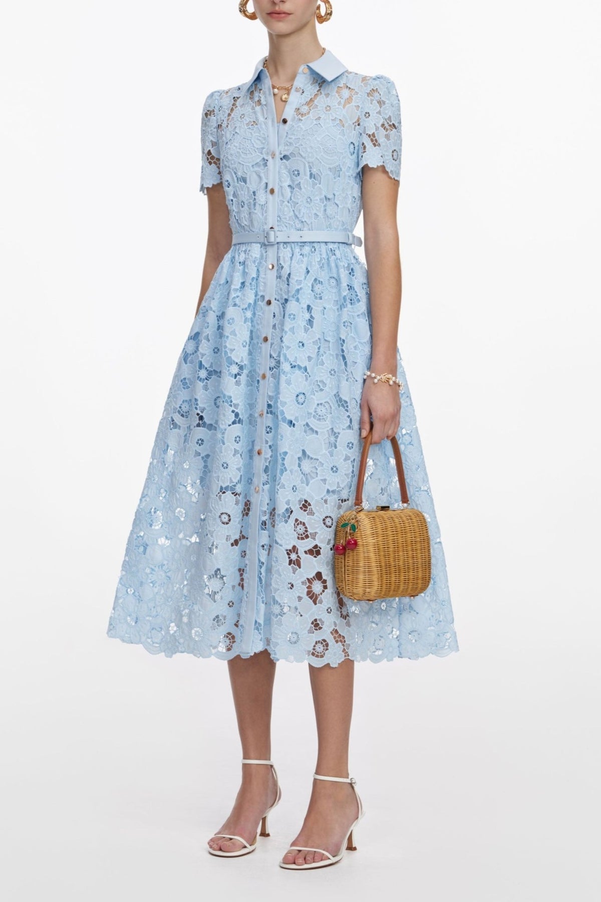 Lace Metal Button Midi Dress With Belt