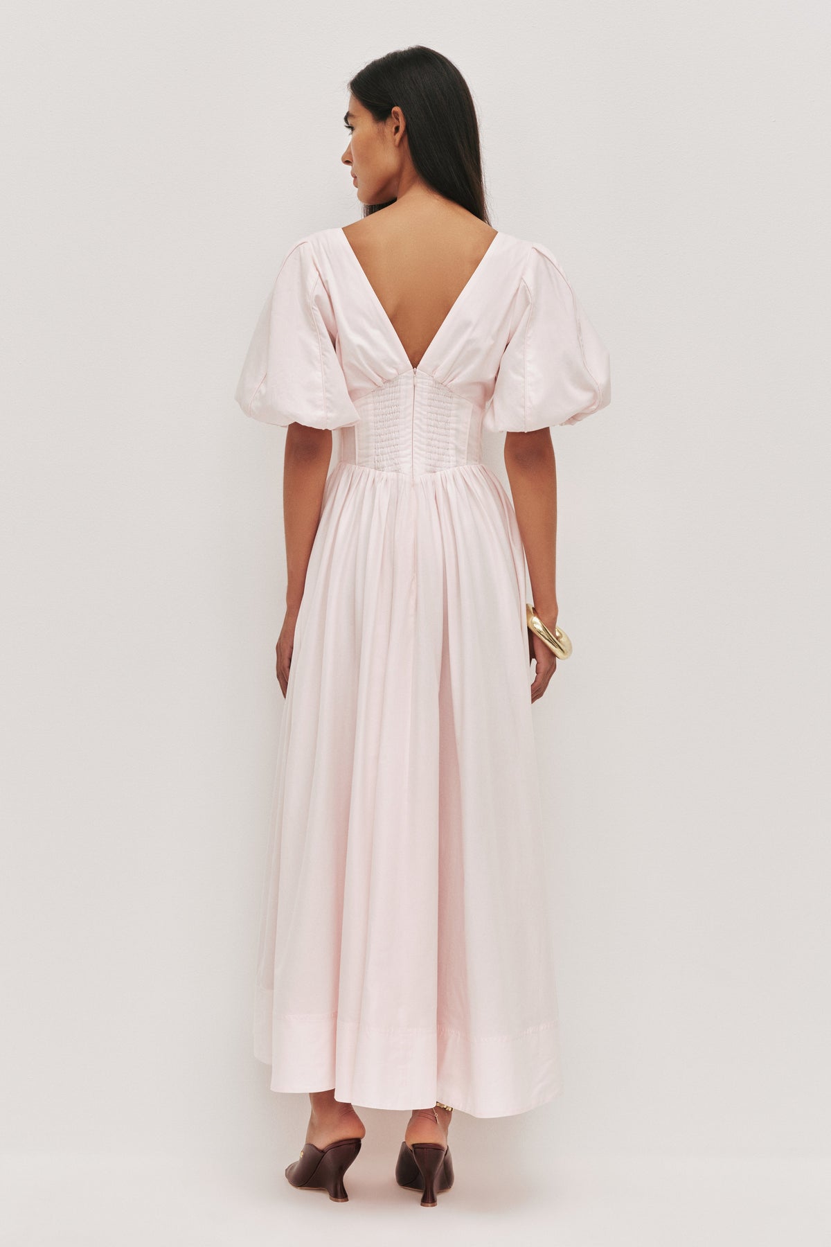 Puff Sleeve Piping V-Neck Midi Dress