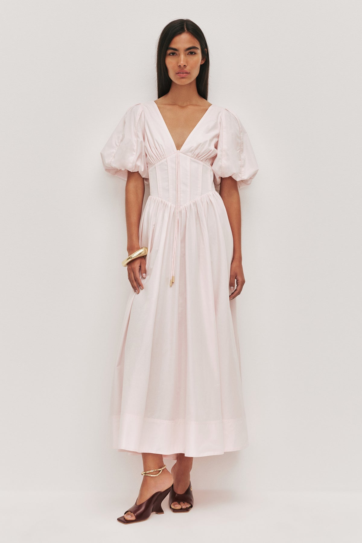Puff Sleeve Piping V-Neck Midi Dress
