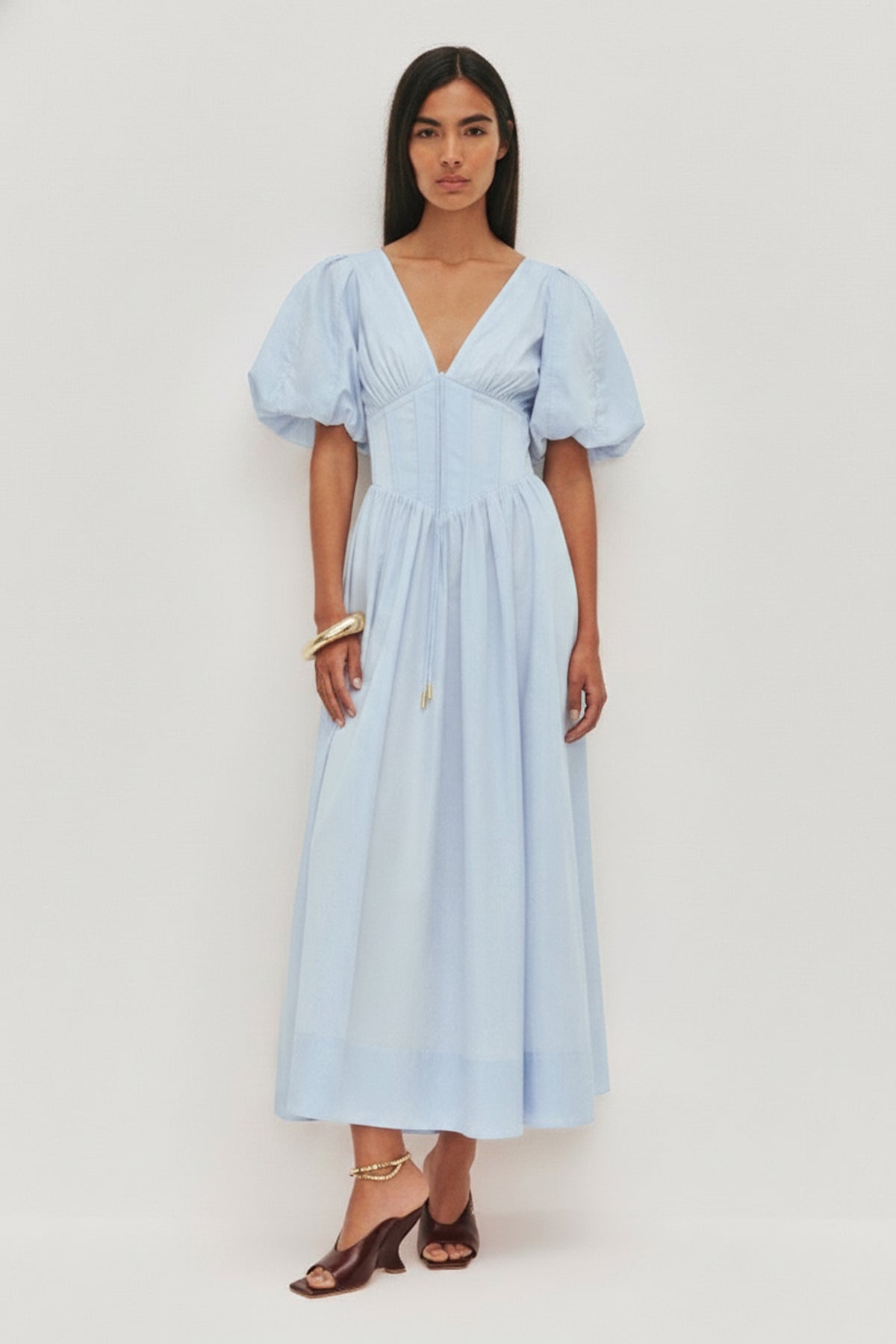 Puff Sleeve Piping V-Neck Midi Dress