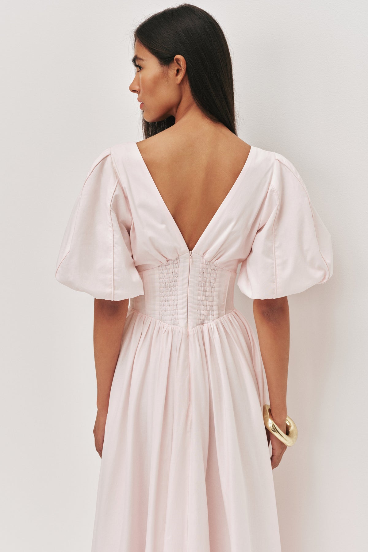 Puff Sleeve Piping V-Neck Midi Dress
