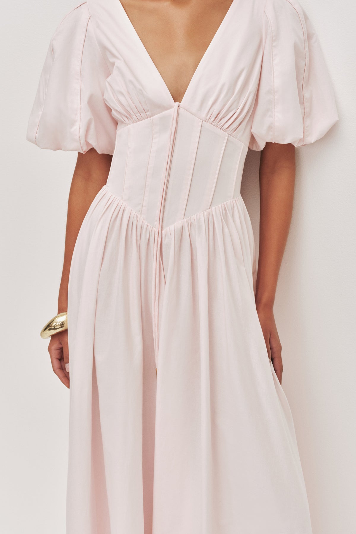 Puff Sleeve Piping V-Neck Midi Dress