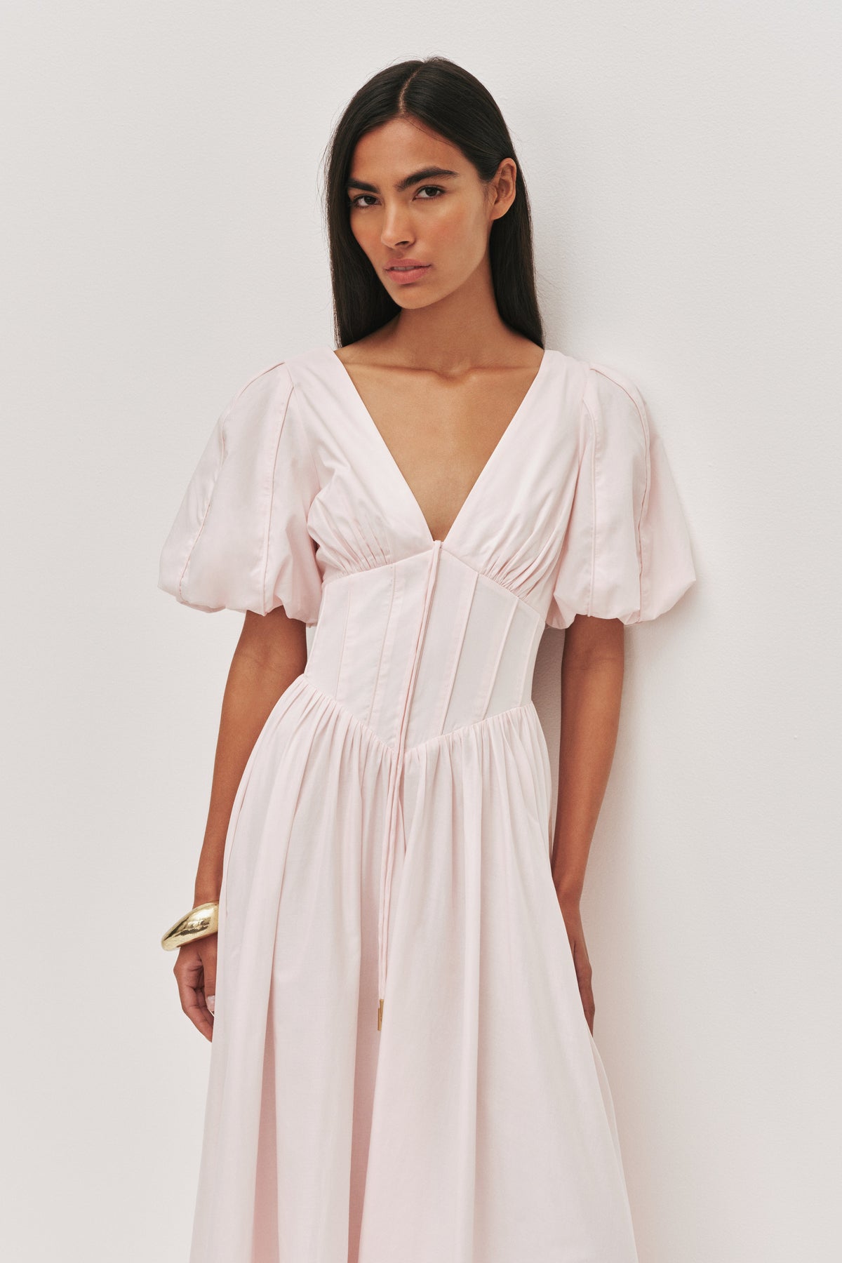 Puff Sleeve Piping V-Neck Midi Dress