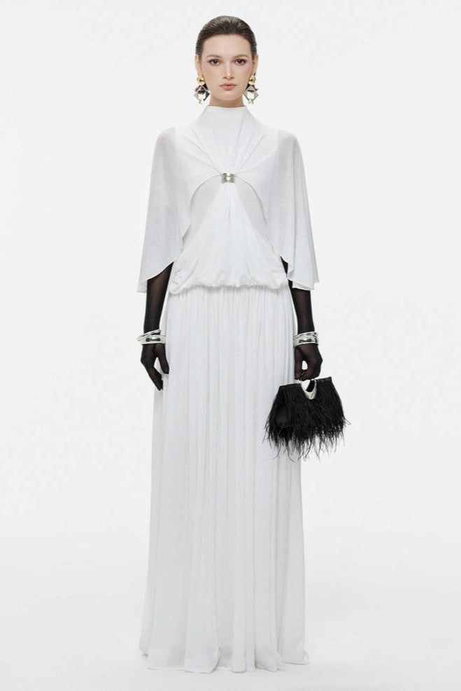 Gathering Metal Decorations Cape Sleeve Maxi Dress
