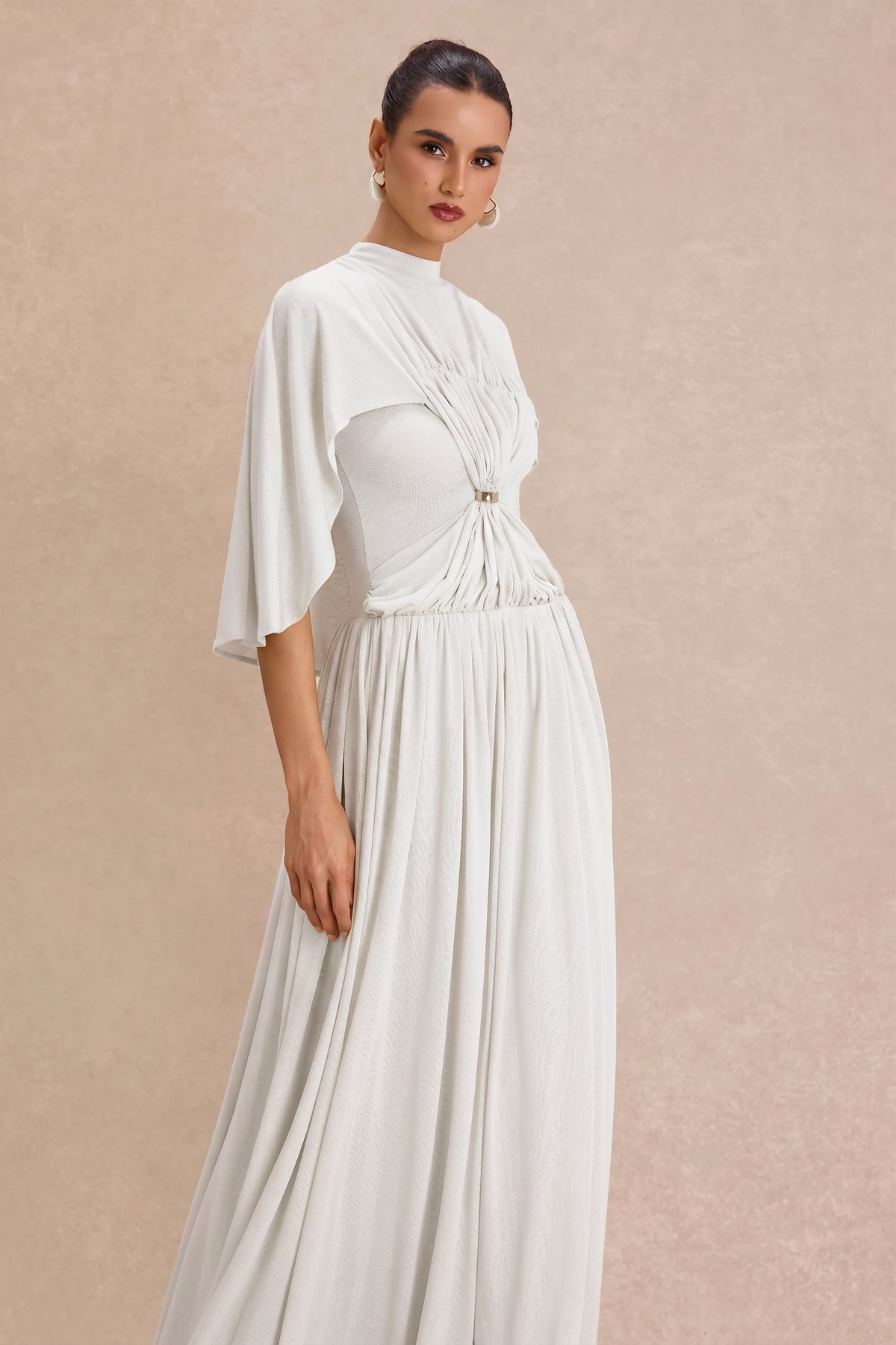 Gathering Metal Decorations Cape Sleeve Maxi Dress