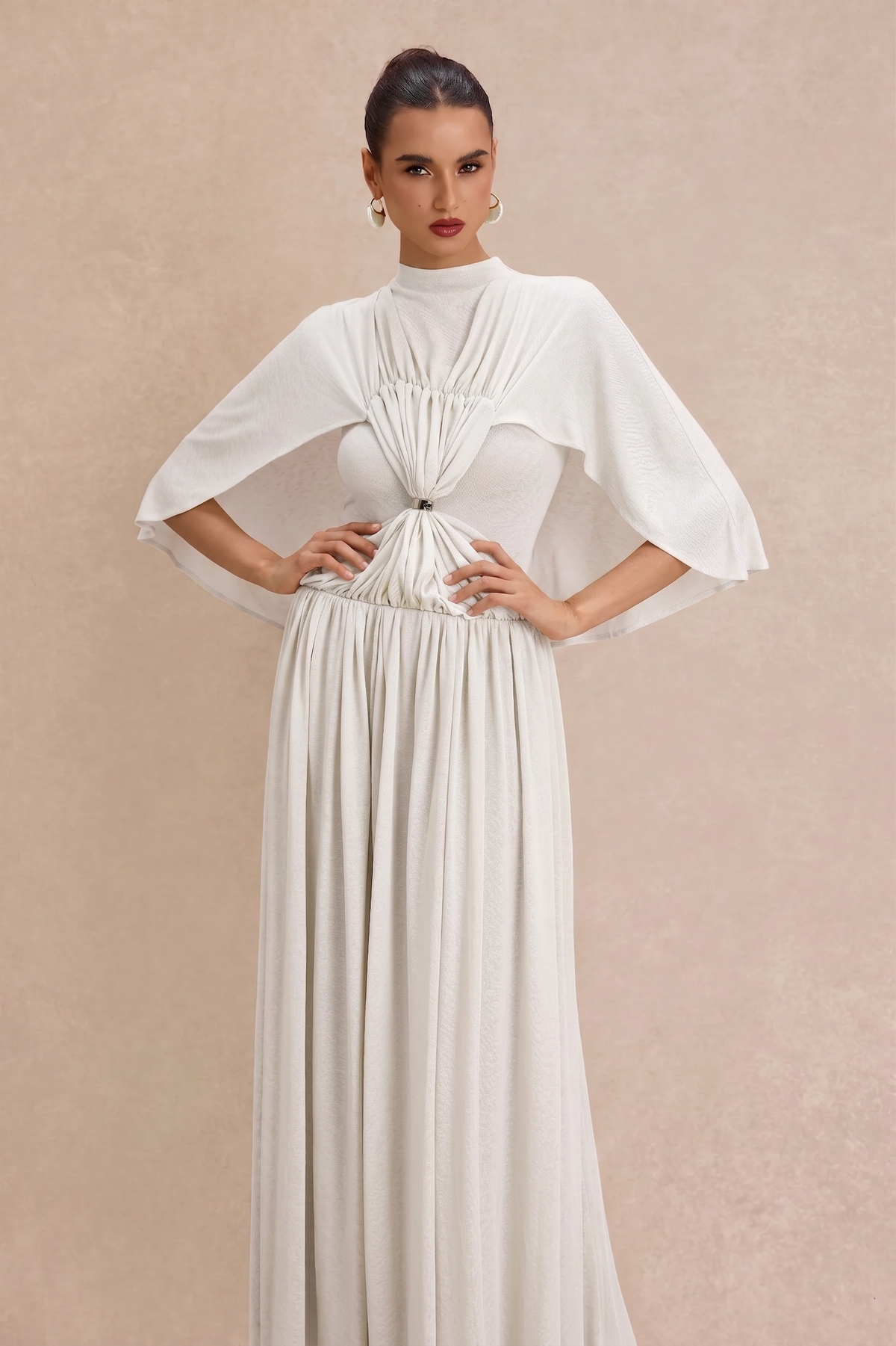 Gathering Metal Decorations Cape Sleeve Maxi Dress
