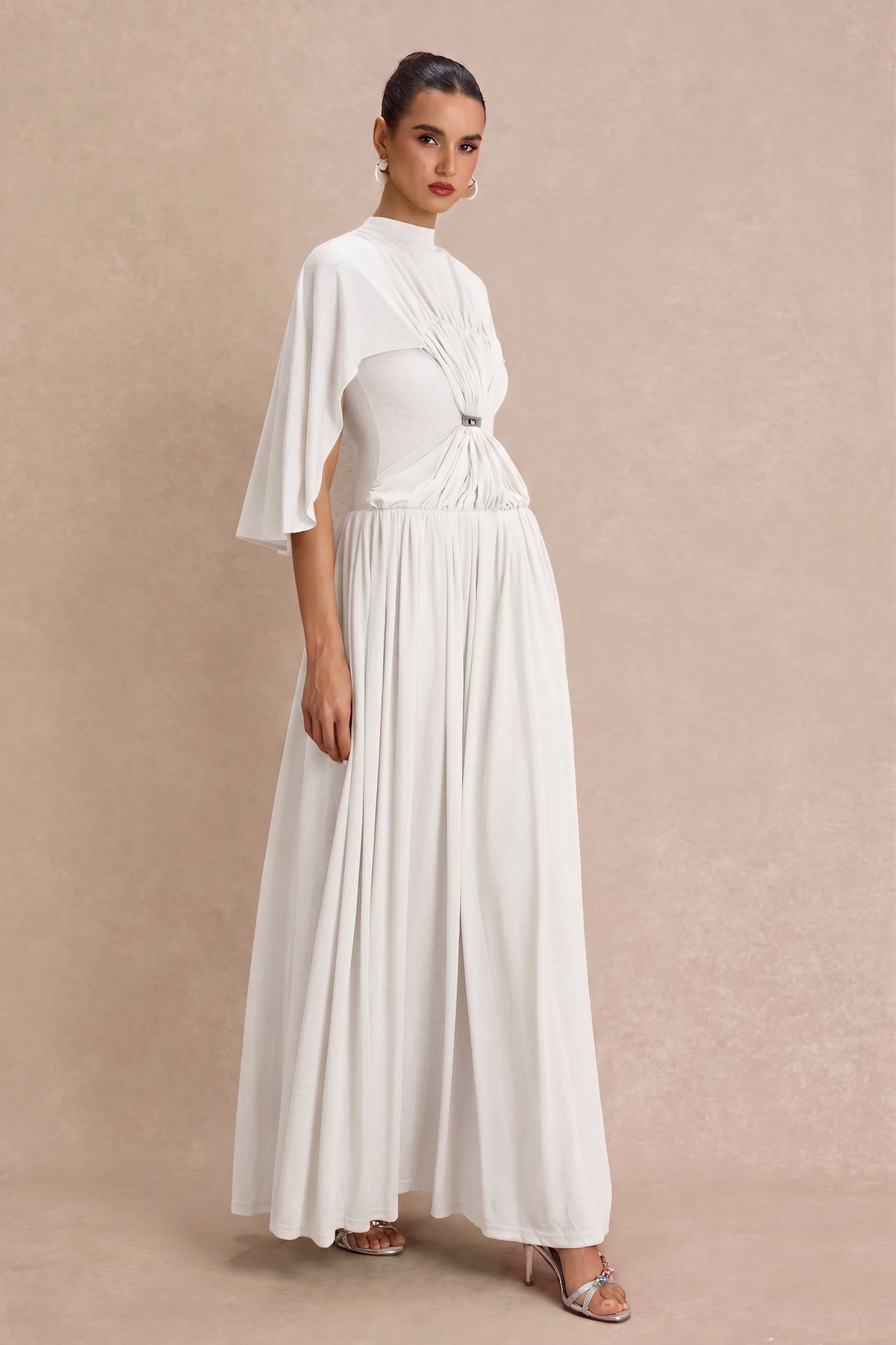 Gathering Metal Decorations Cape Sleeve Maxi Dress