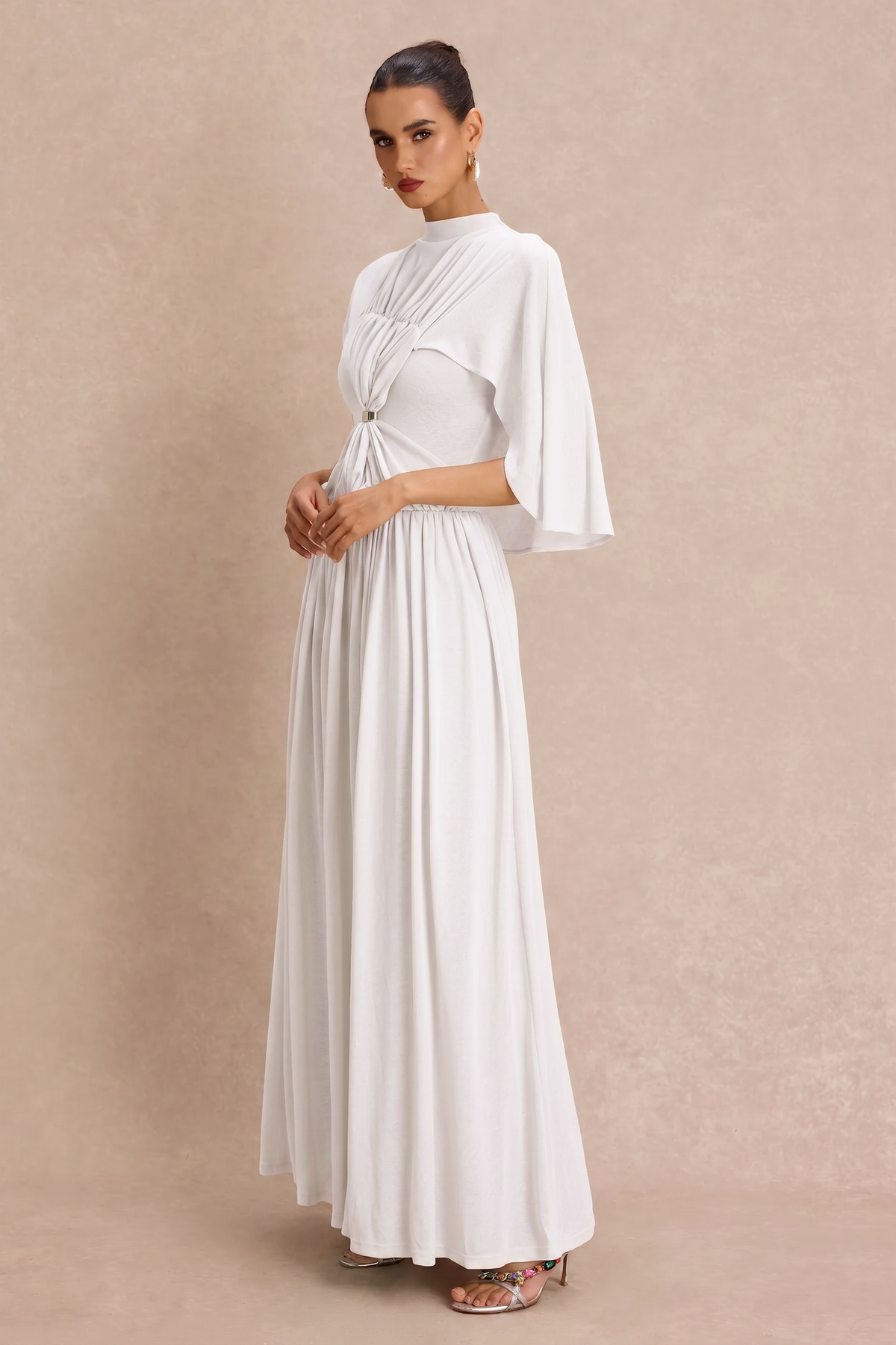 Gathering Metal Decorations Cape Sleeve Maxi Dress