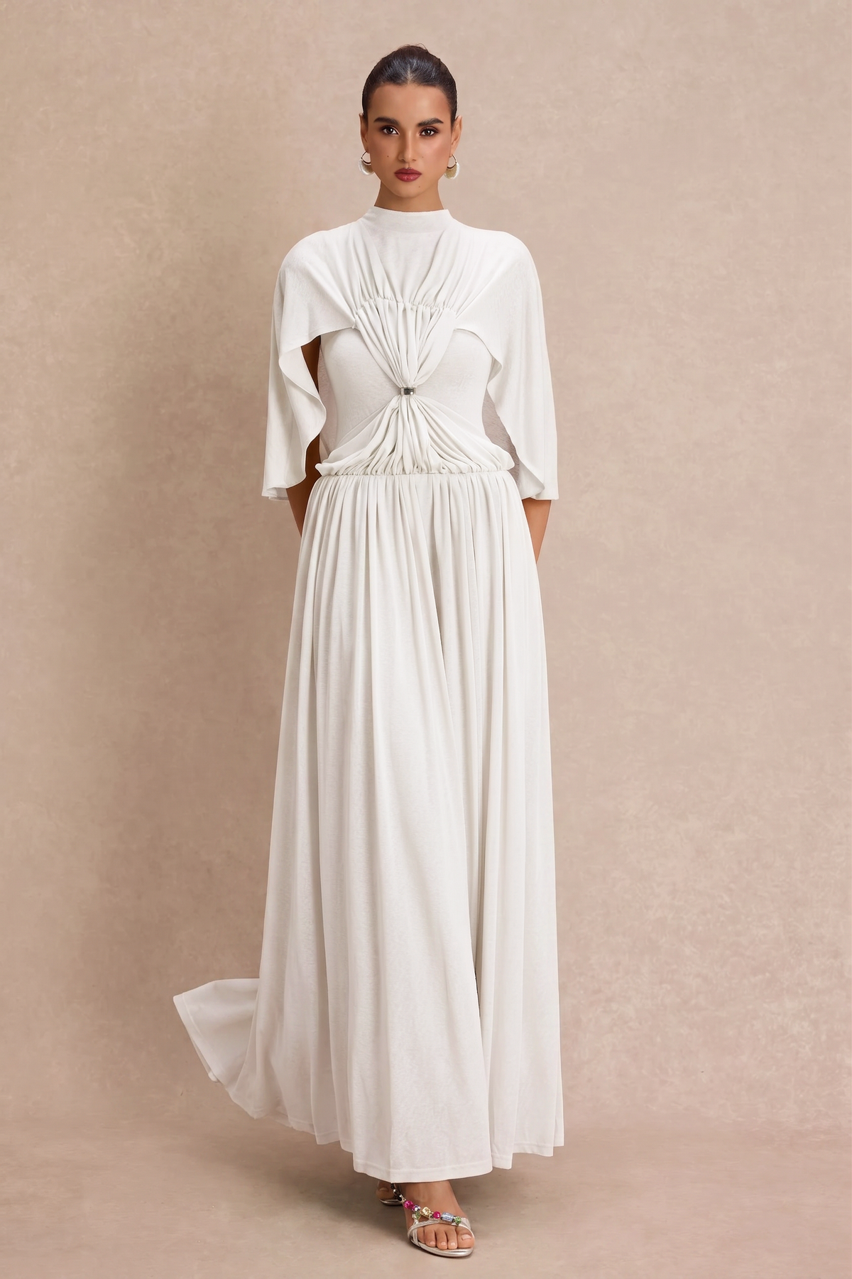 Gathering Metal Decorations Cape Sleeve Maxi Dress
