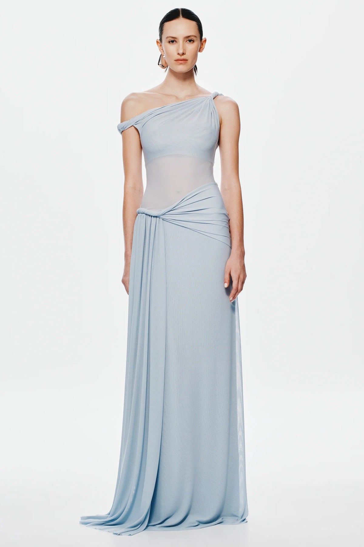 Knotted One Shoulder Ruched Maxi Dress