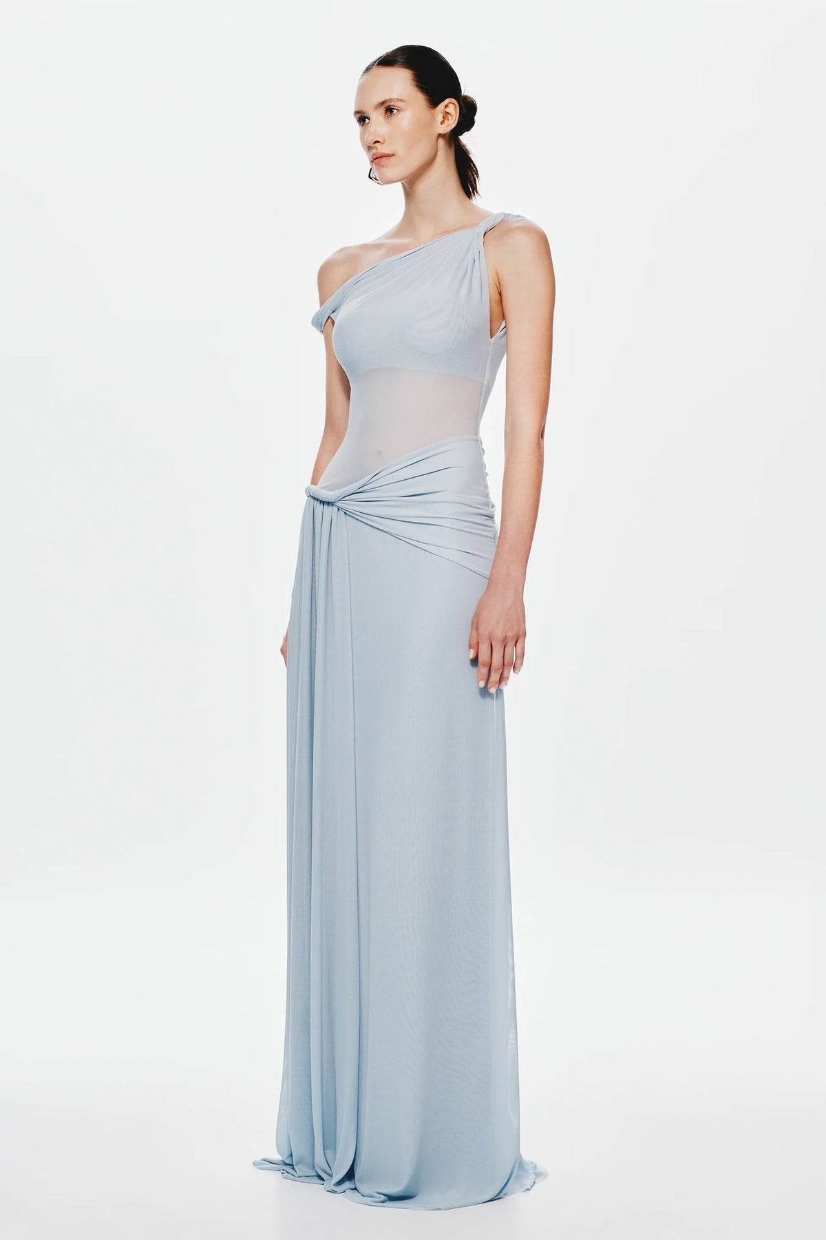 Knotted One Shoulder Ruched Maxi Dress