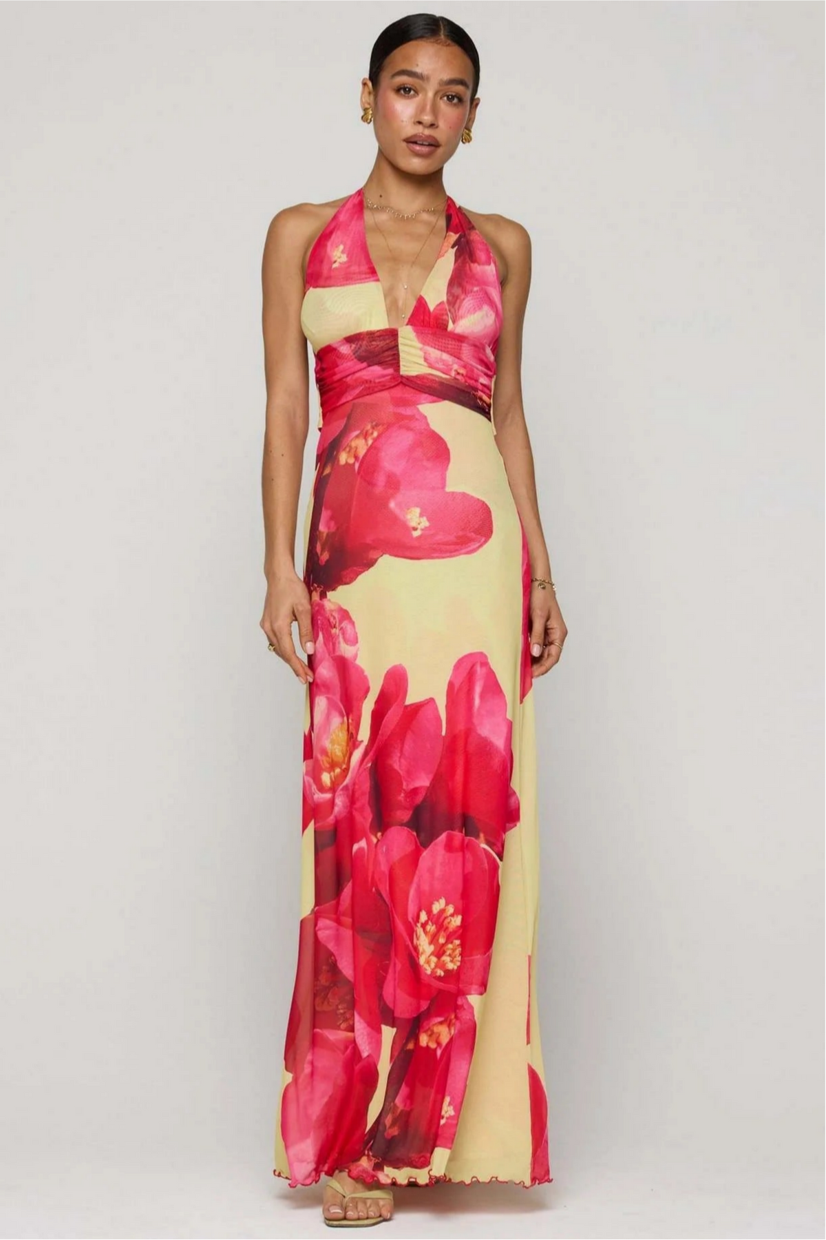 Floral Gathering Halter Neck Maxi Dress