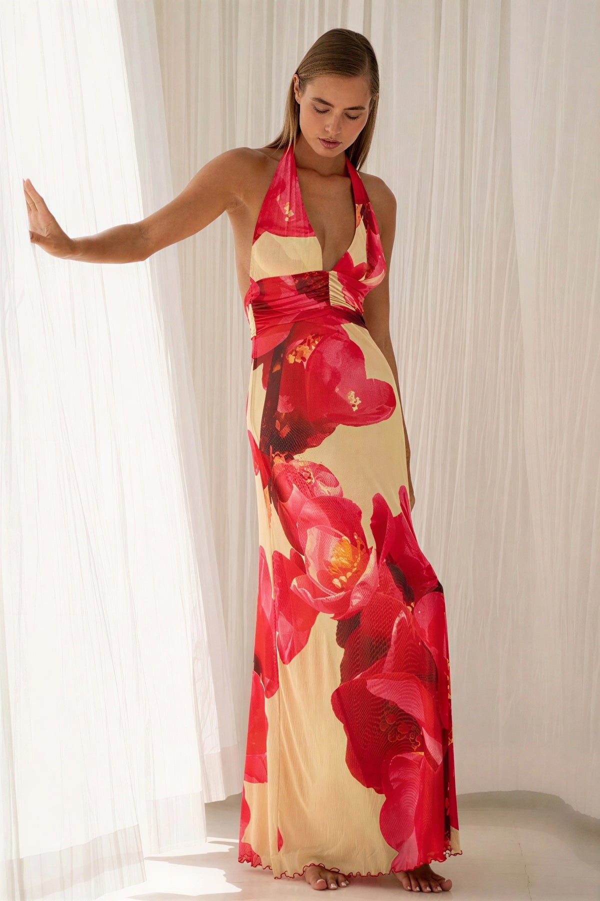 Floral Gathering Halter Neck Maxi Dress