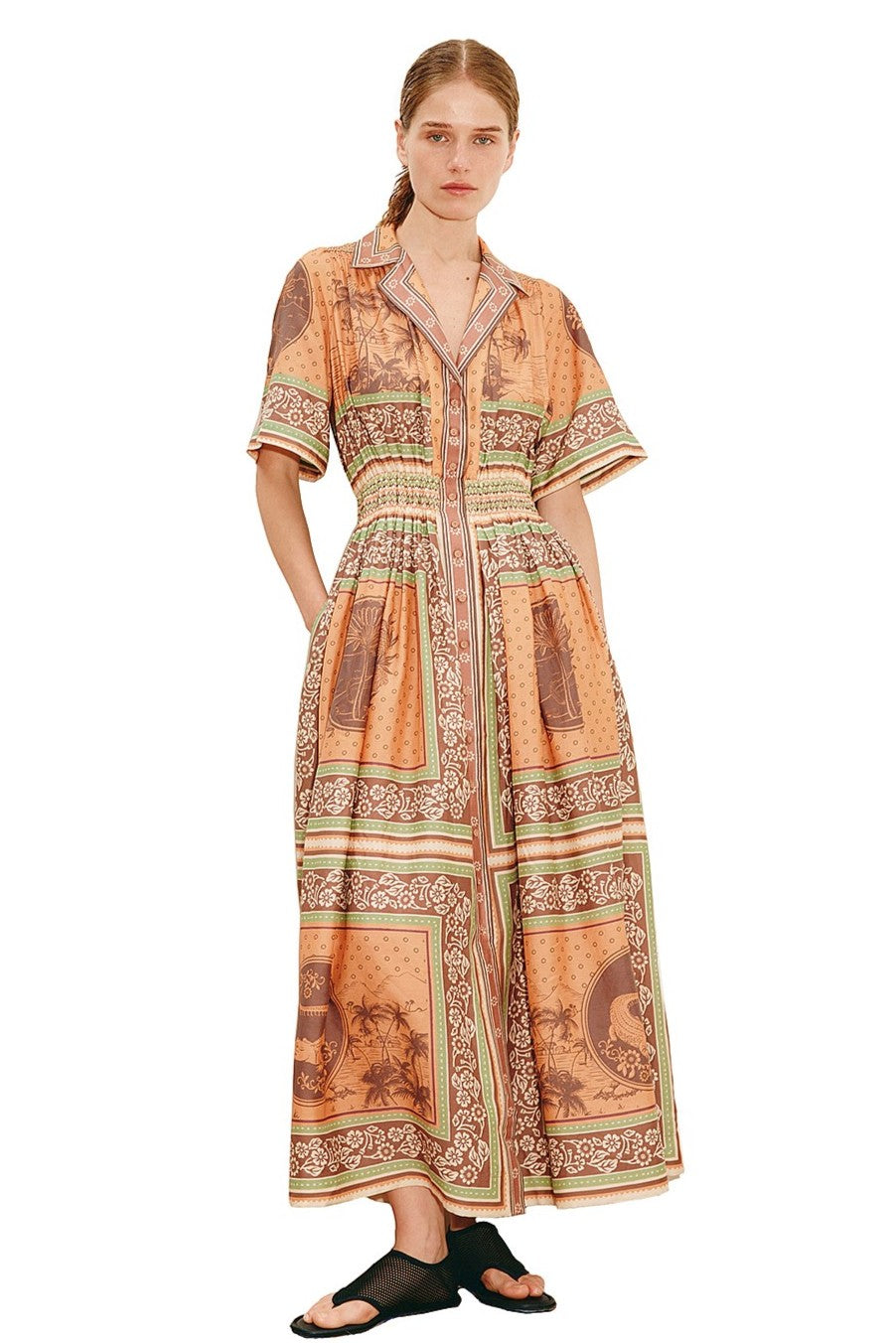 Scarf Border Print Smocking Flapped Midi Dress