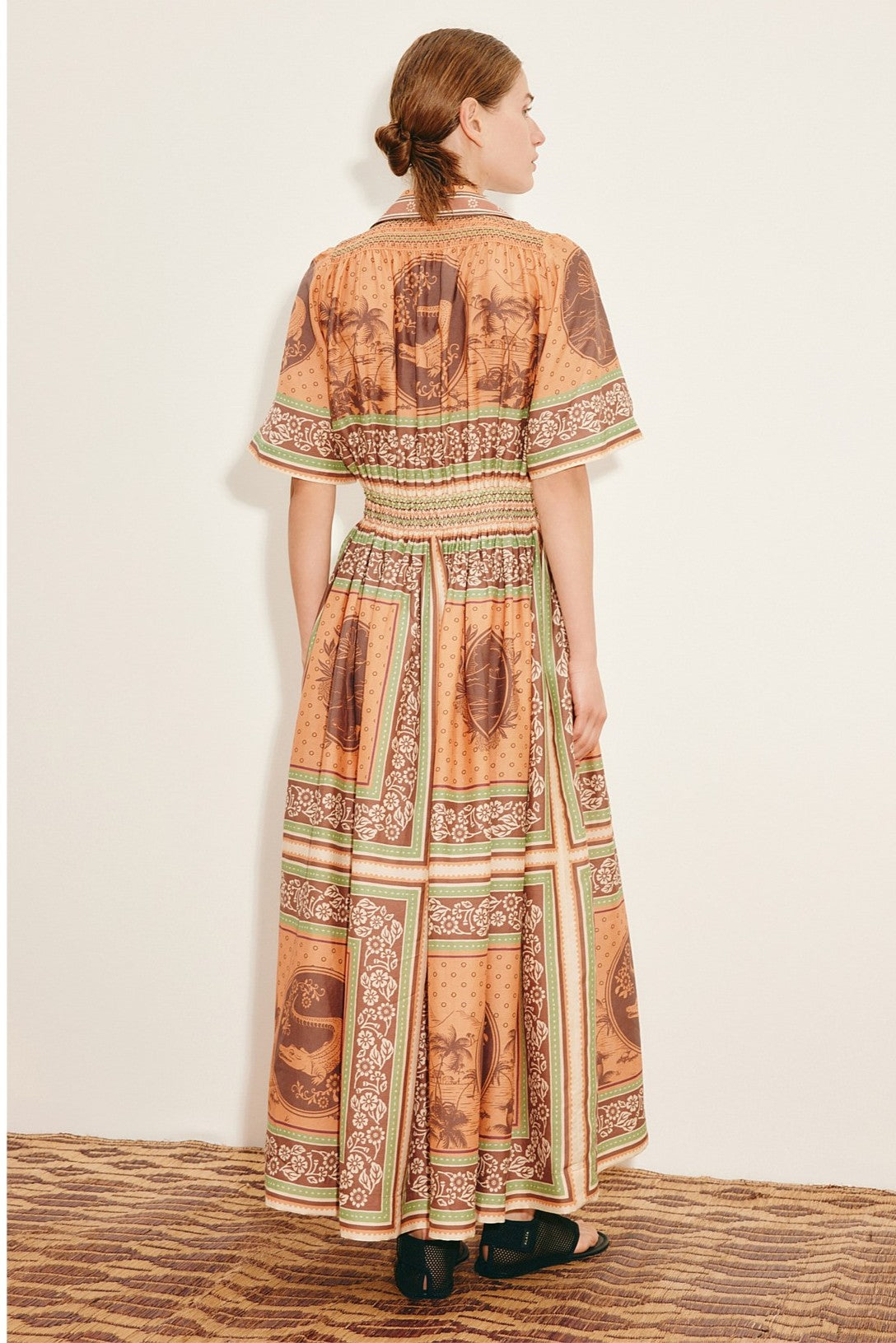 Scarf Border Print Smocking Flapped Midi Dress