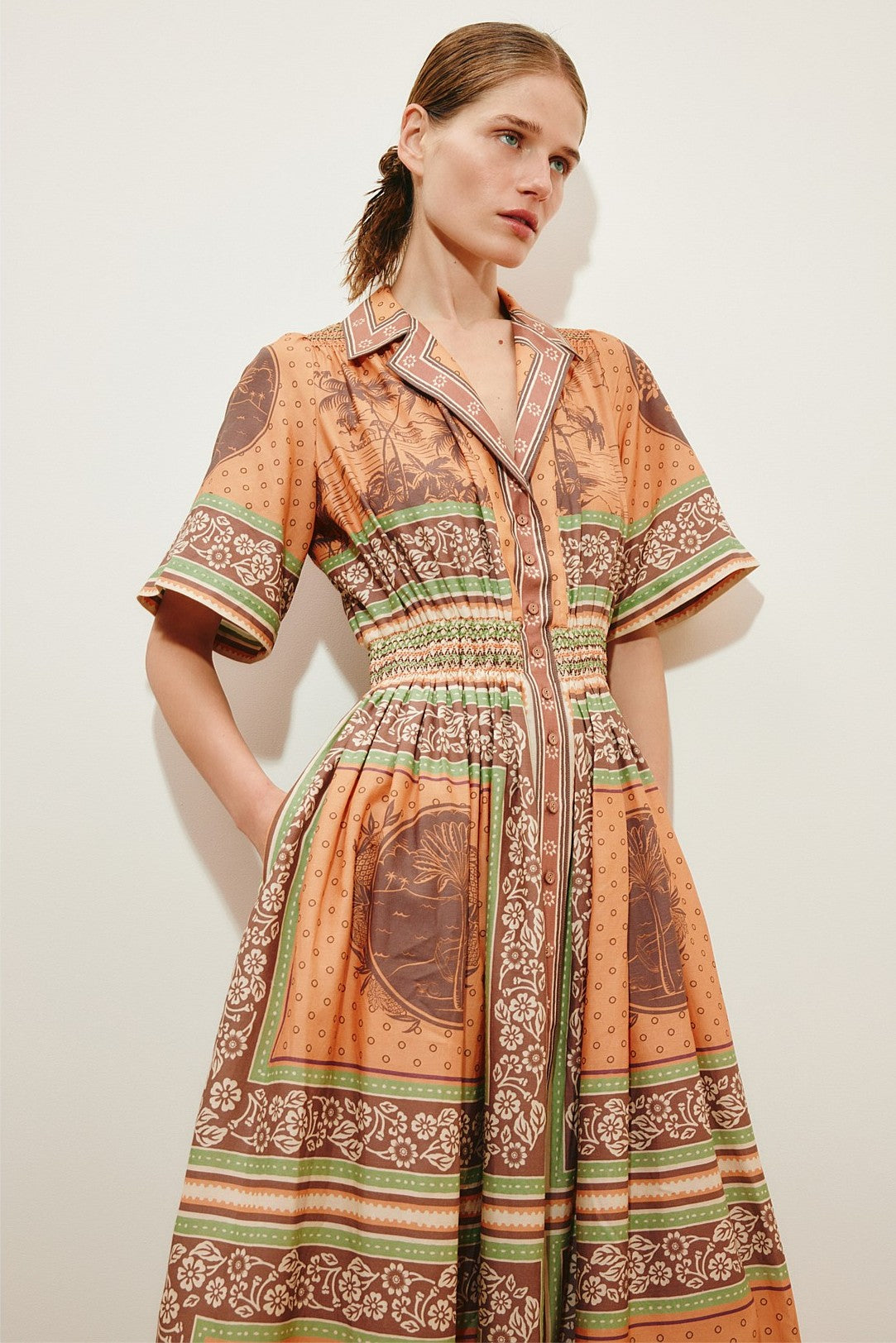 Scarf Border Print Smocking Flapped Midi Dress