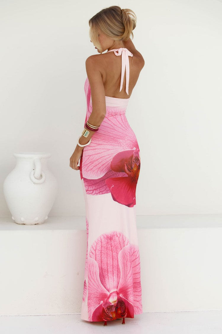 Floral Halter Neck Tie-Up Maxi Dress