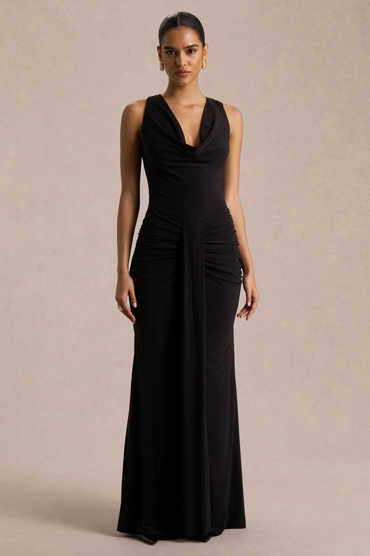 Solid Swing Collar Gathering Maxi Dress