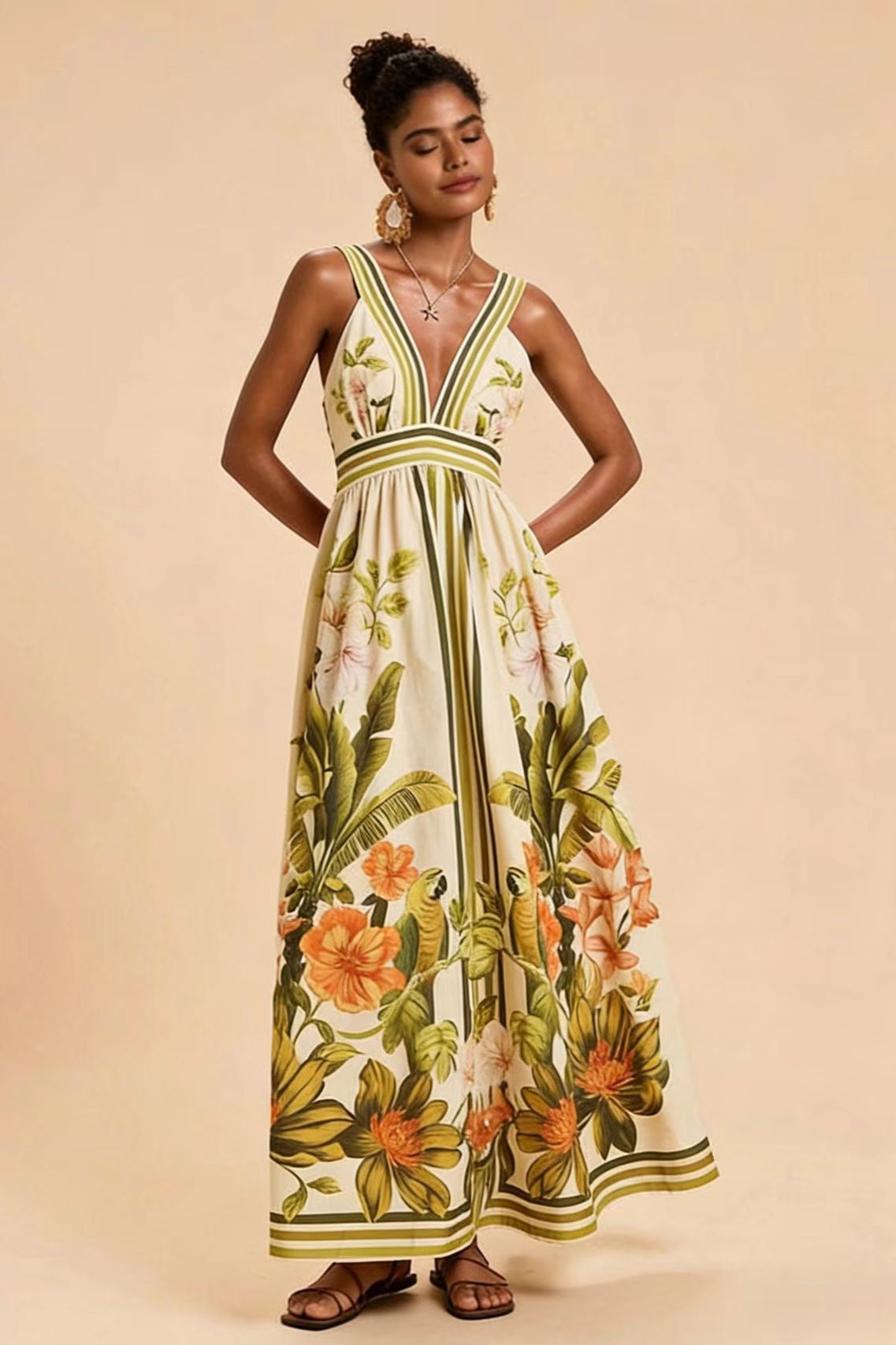 Floral V-Neck Smocking Midi Dress