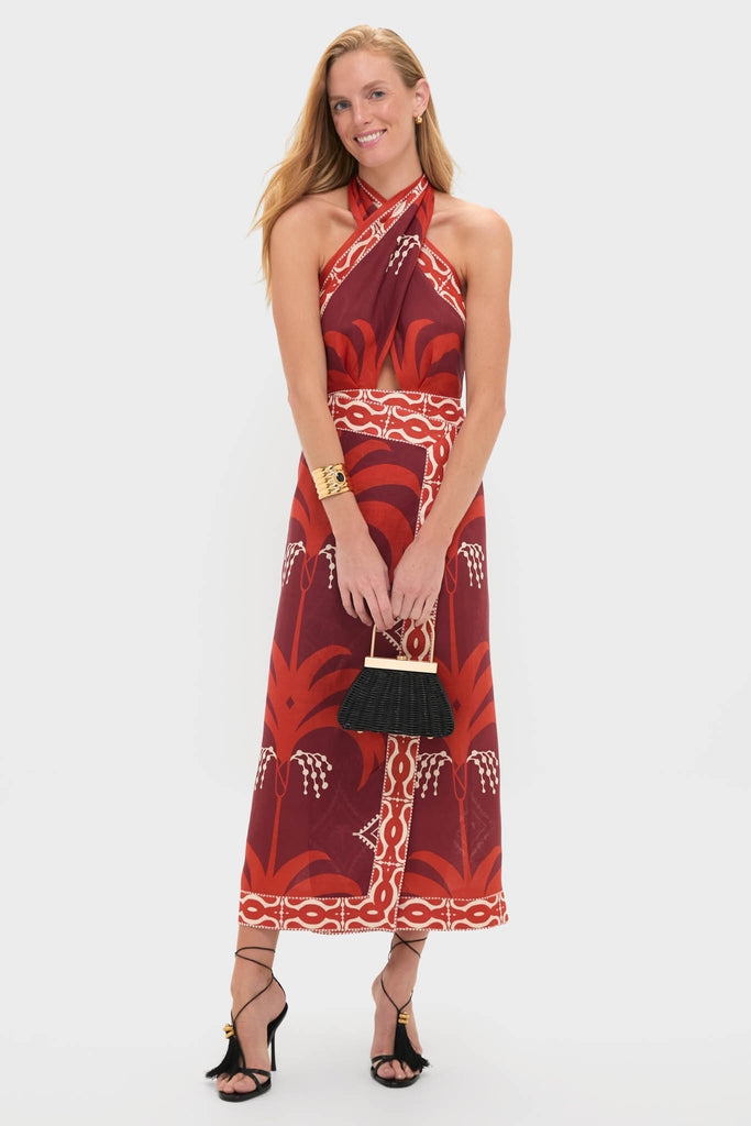 Abstract Print Tie-Up Backless Midi Dress