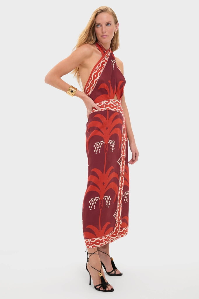 Abstract Print Tie-Up Backless Midi Dress
