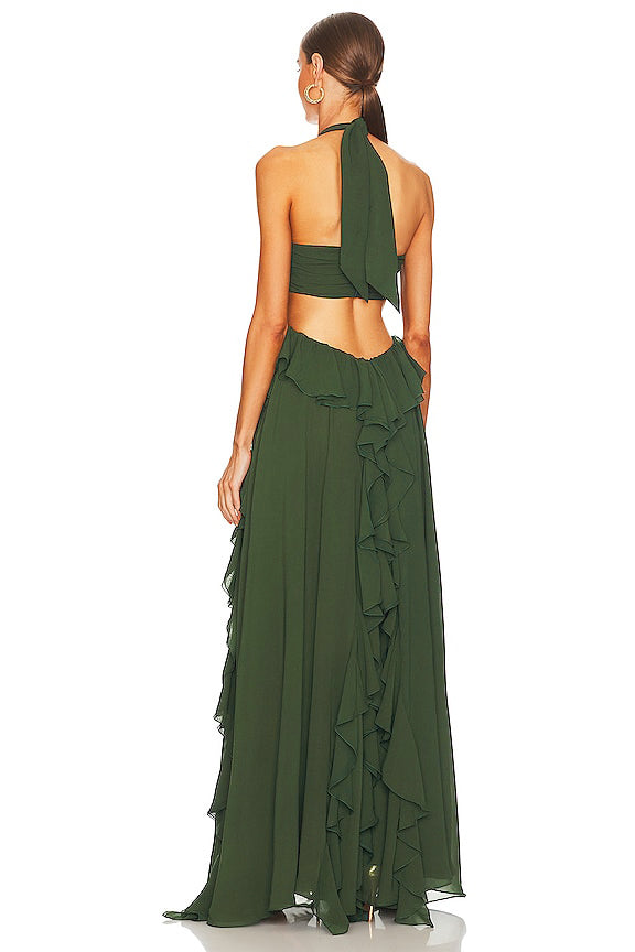 Chiffon Ruffle 3D Flower Maxi Dress