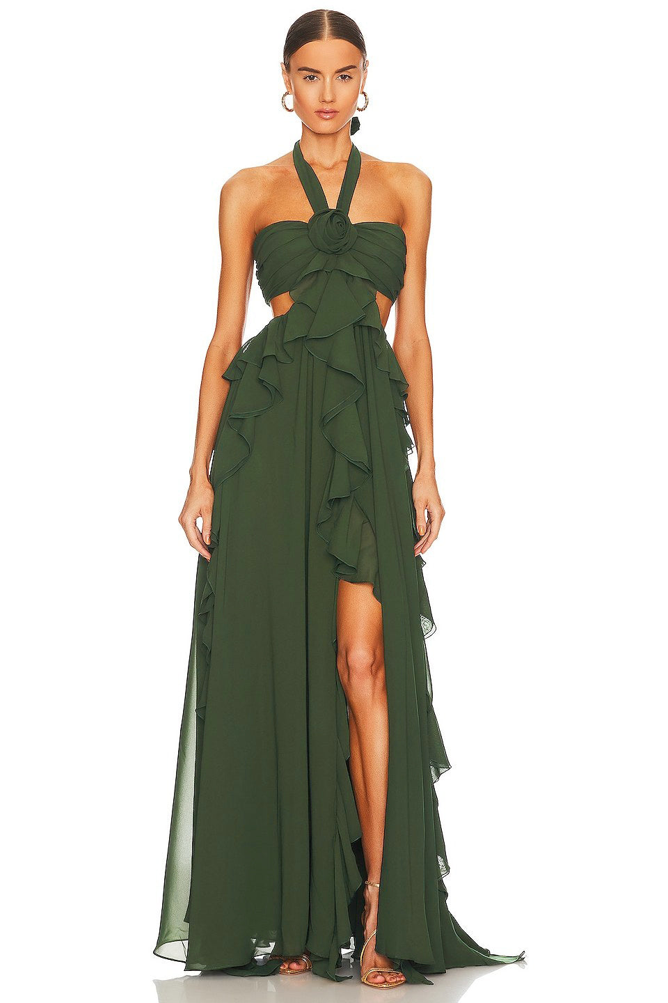 Chiffon Ruffle 3D Flower Maxi Dress