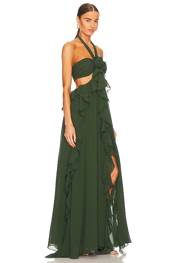 Chiffon Ruffle 3D Flower Maxi Dress