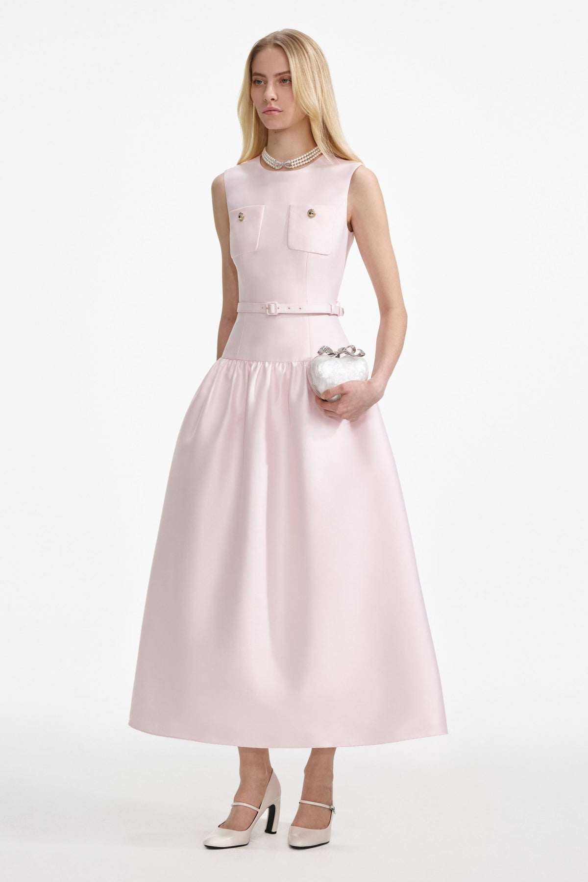 Satin Sleeveless Metal Button  Midi Dress With Belt