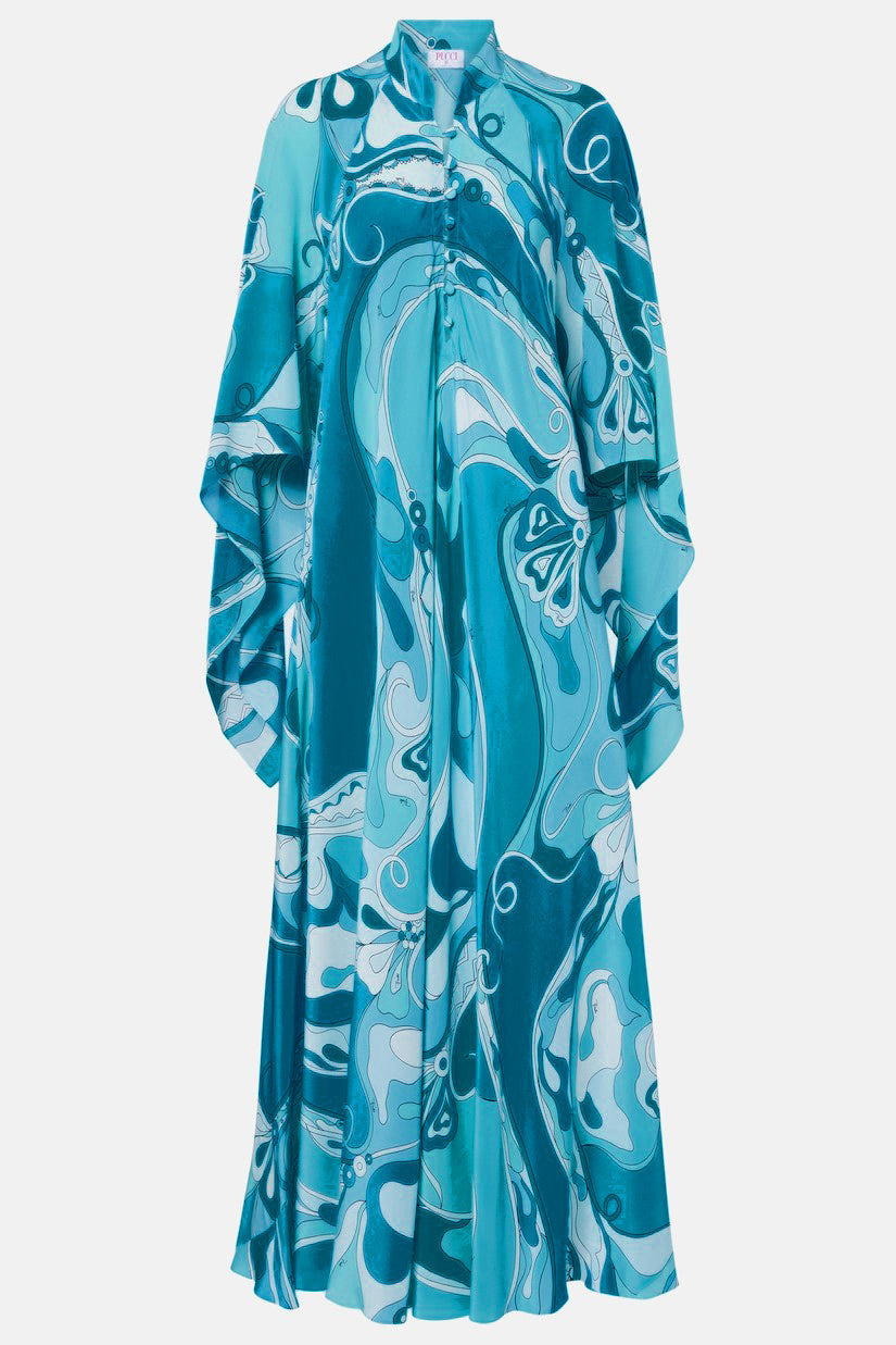 Abstract Print Single Breasted Batwing Sleeve Midi Dress