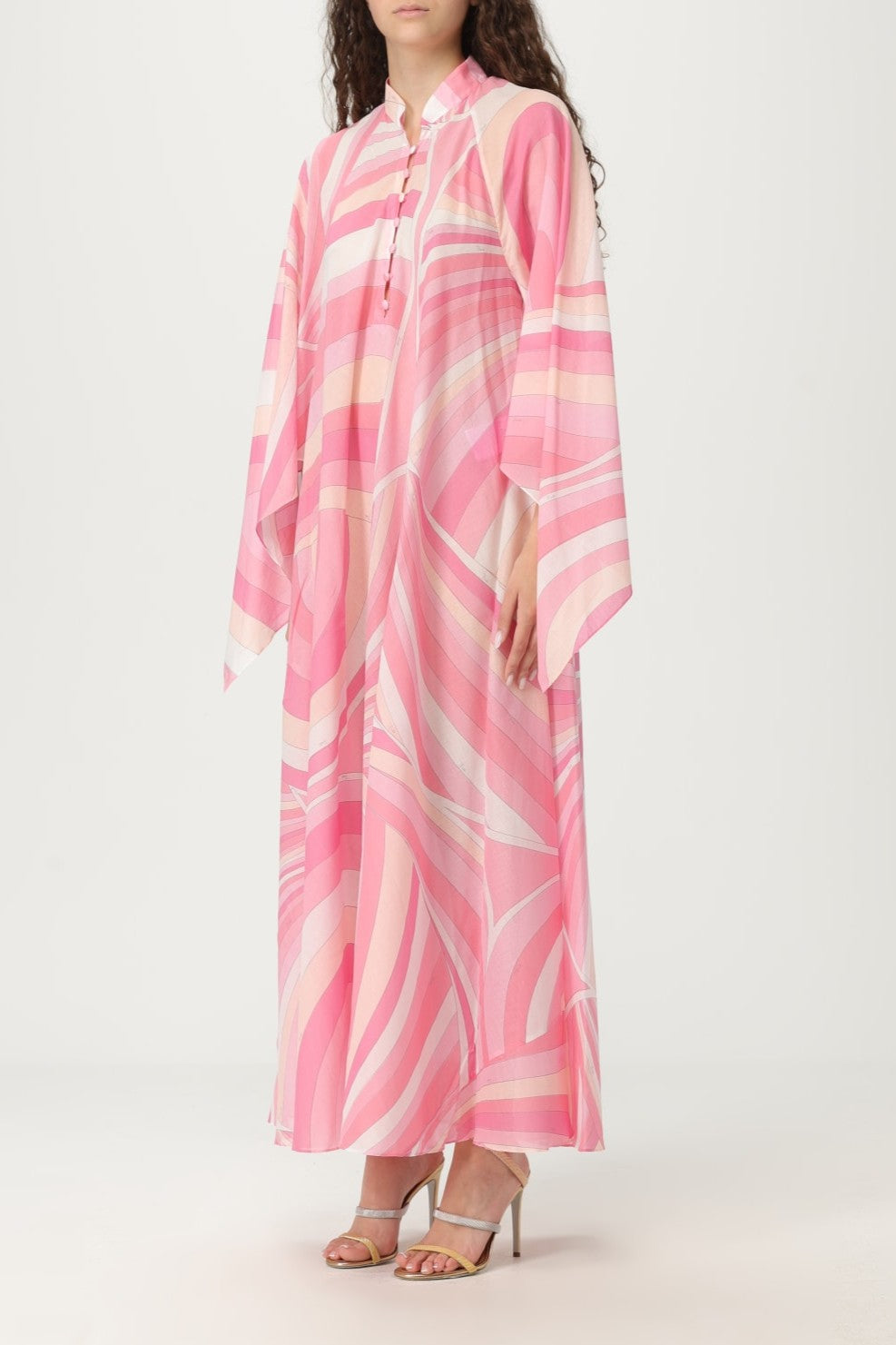 Abstract Print Single Breasted Batwing Sleeve Midi Dress