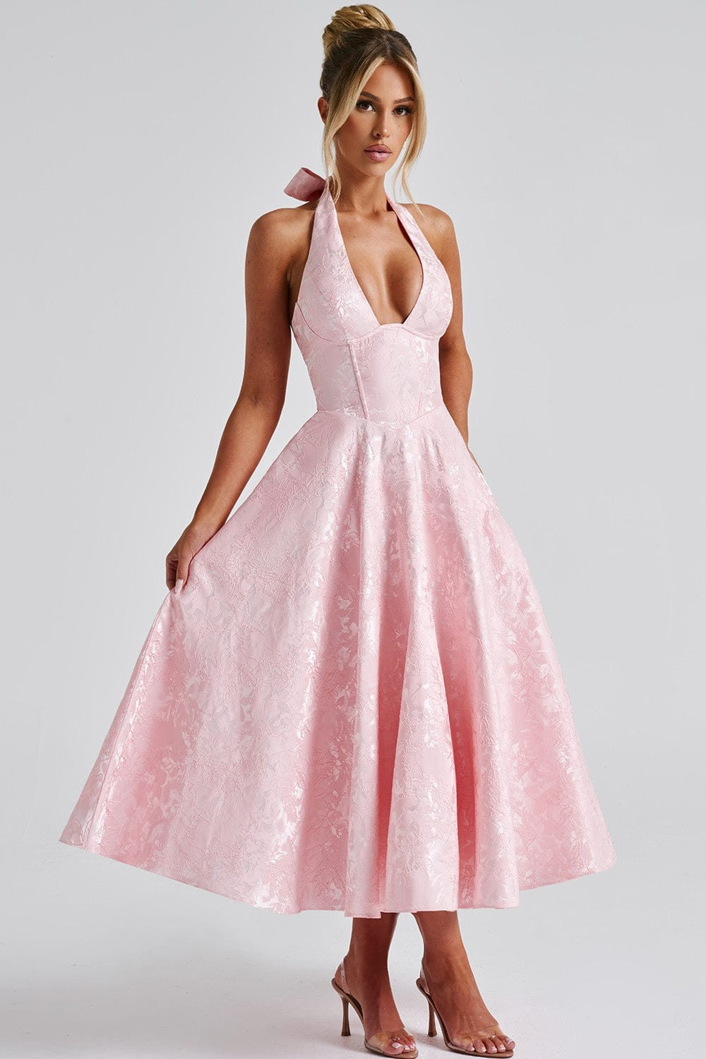 Jacquard Sleeveless Halter Neck Bow Midi Dress