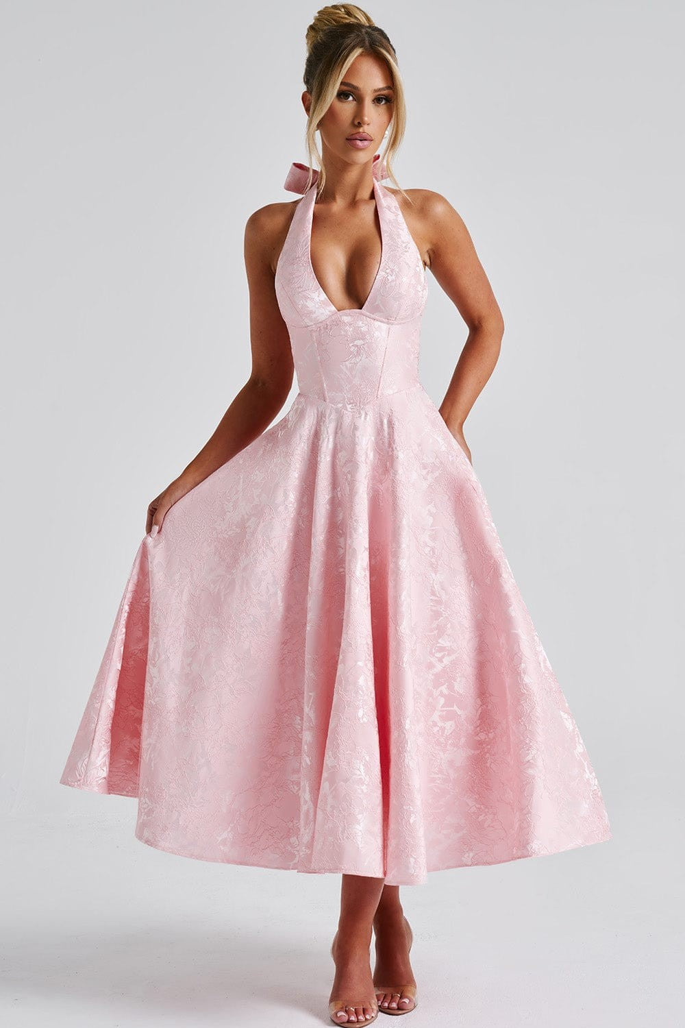 Jacquard Sleeveless Halter Neck Bow Midi Dress