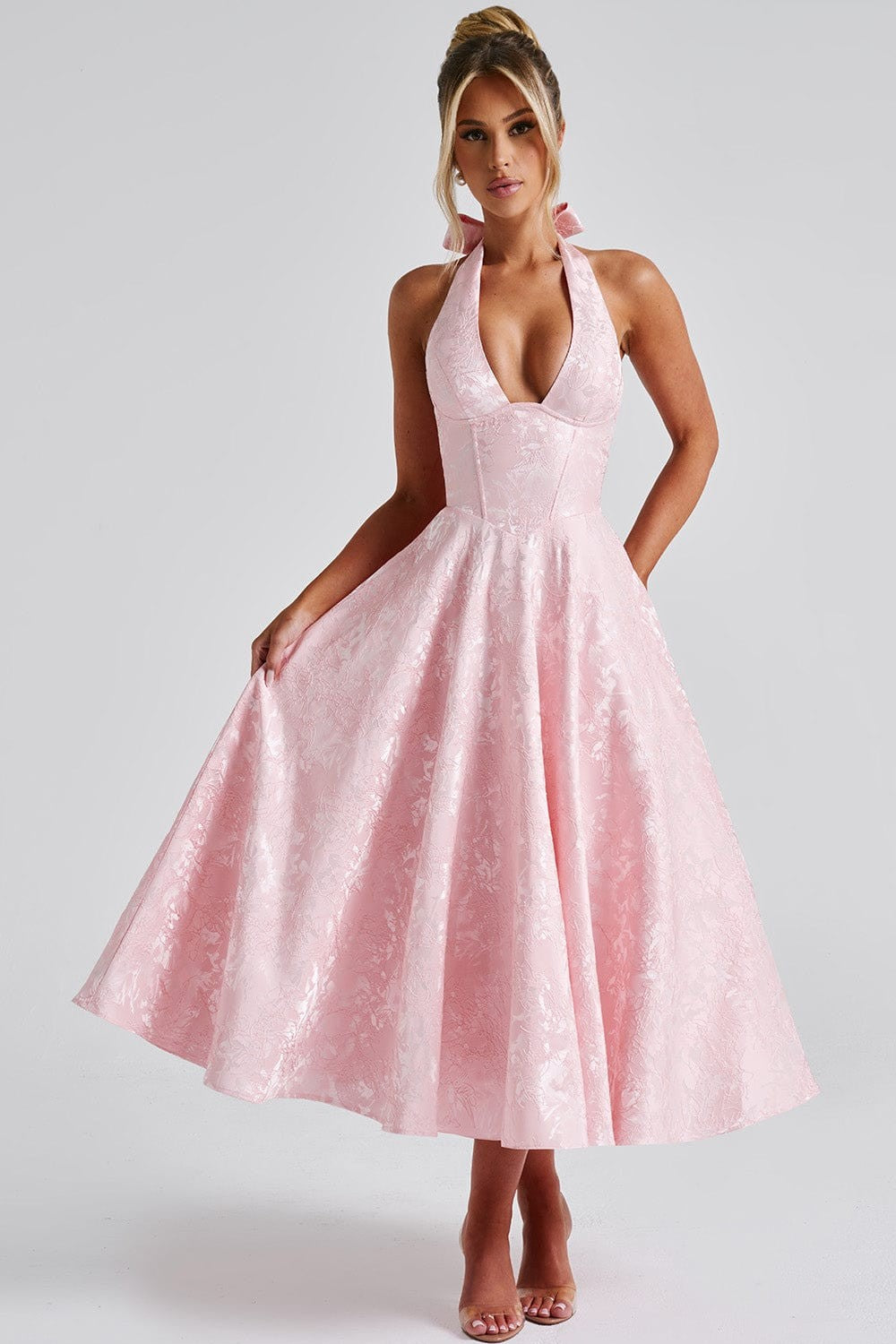 Jacquard Sleeveless Halter Neck Bow Midi Dress