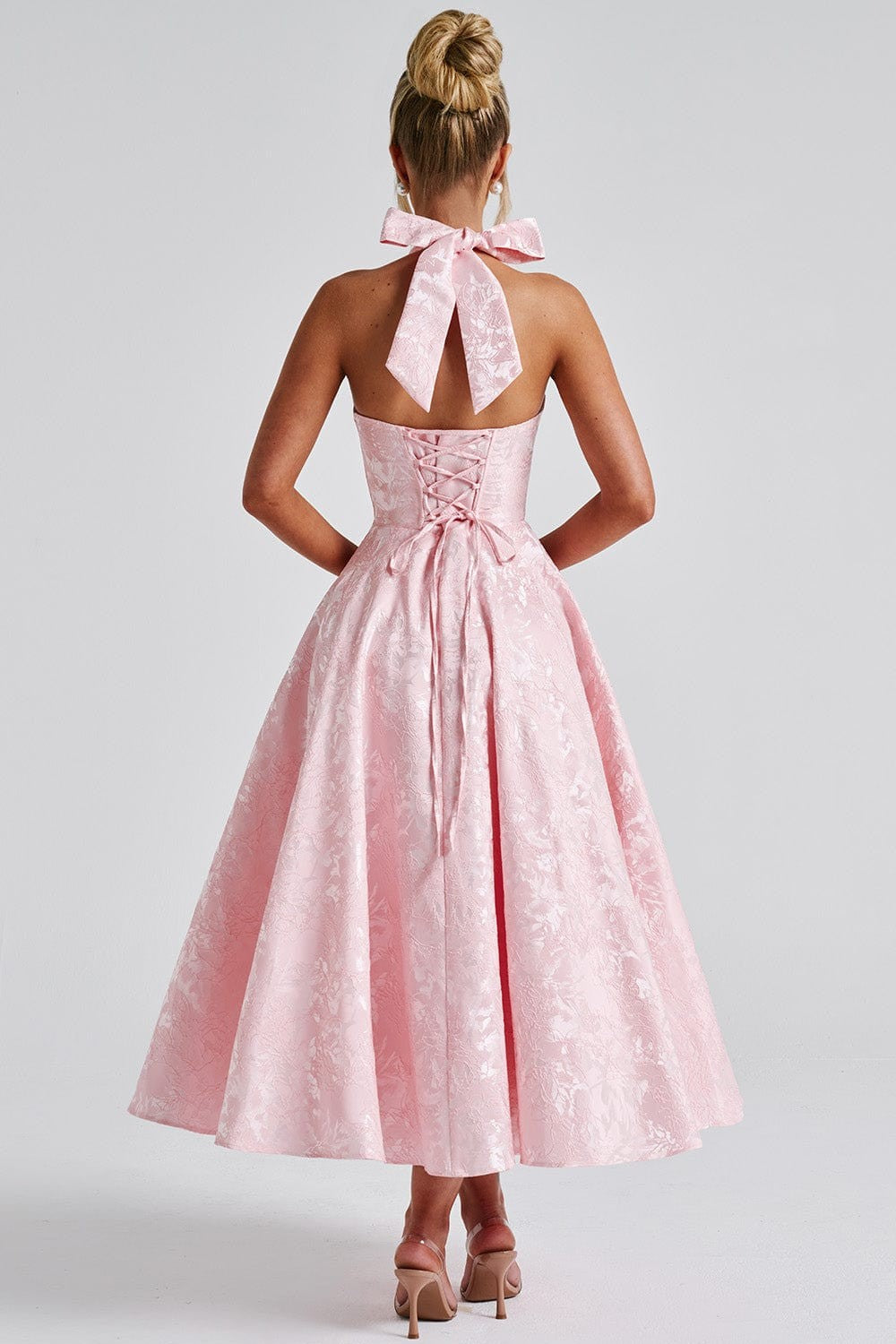 Jacquard Sleeveless Halter Neck Bow Midi Dress