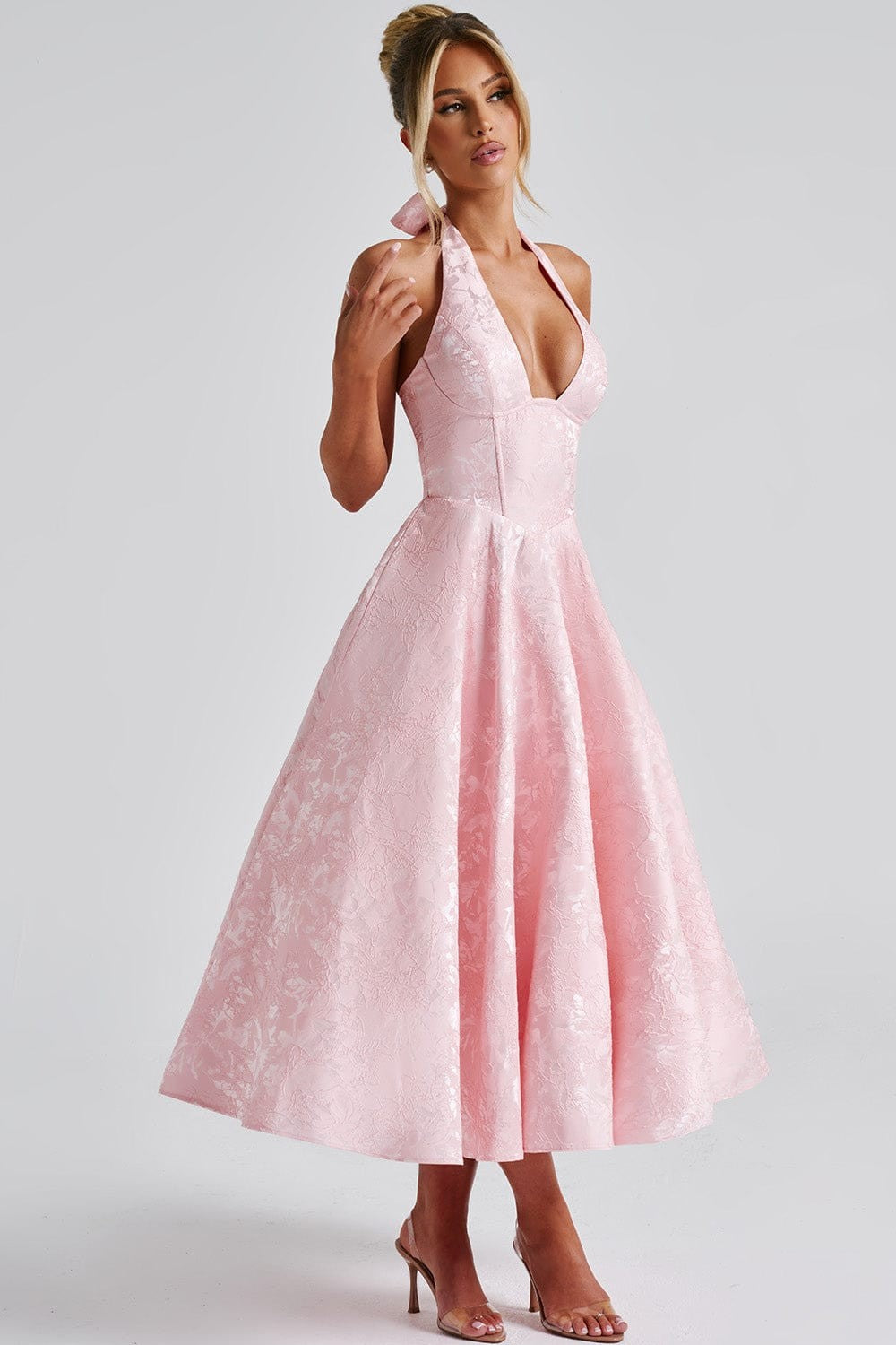 Jacquard Sleeveless Halter Neck Bow Midi Dress