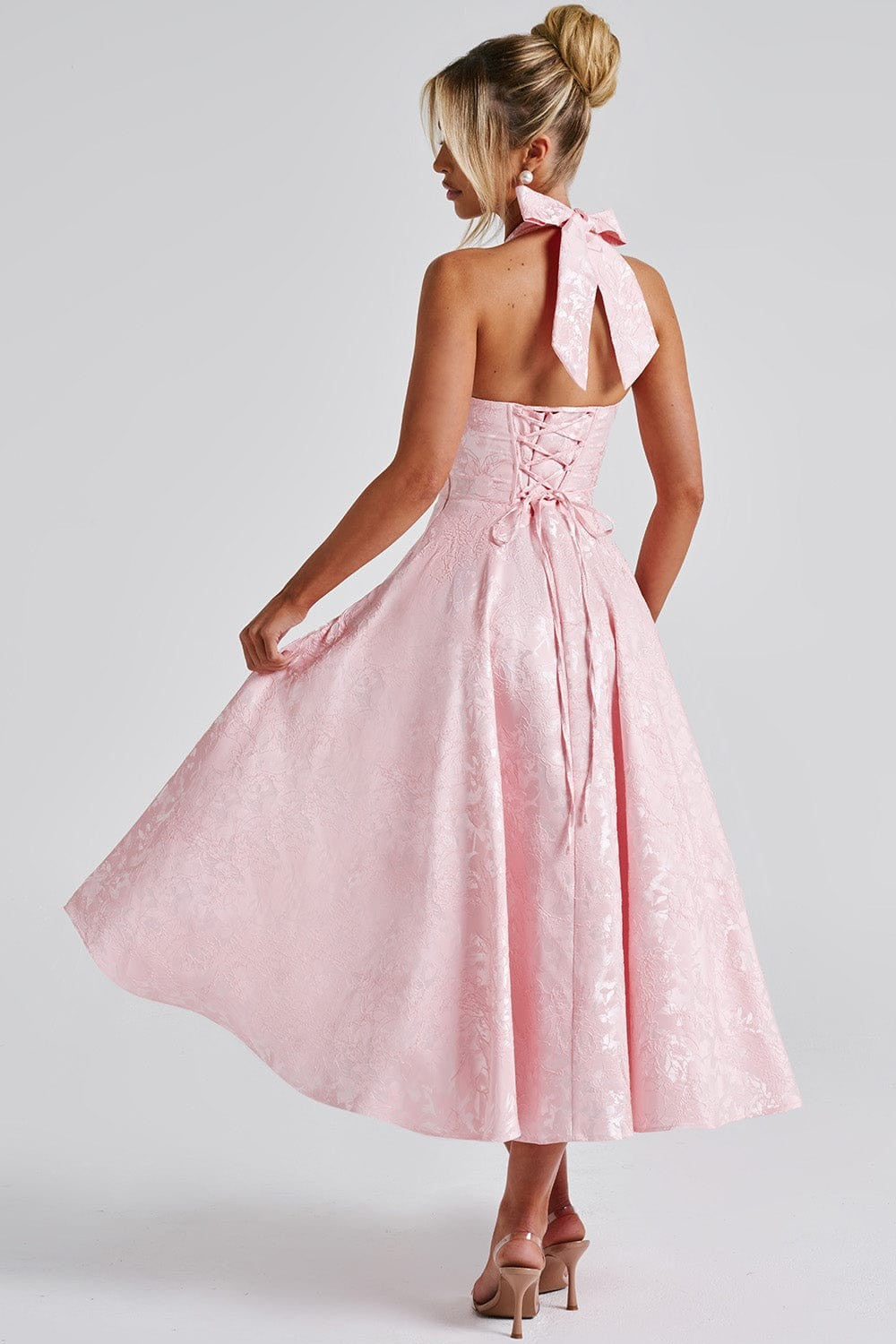Jacquard Sleeveless Halter Neck Bow Midi Dress