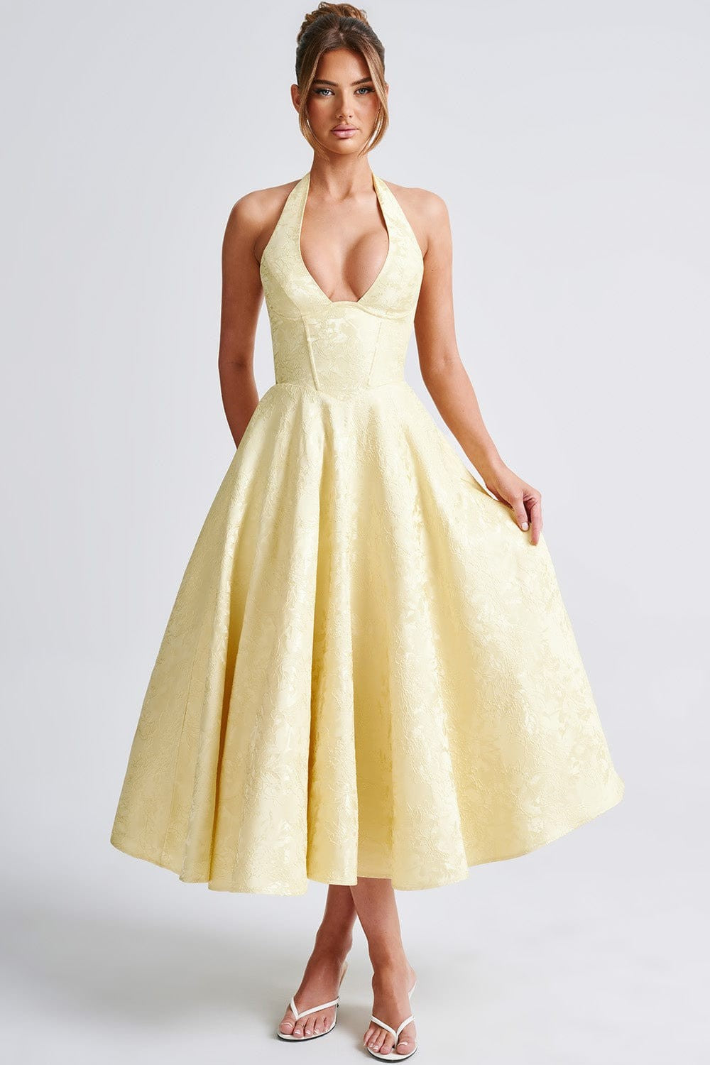 Jacquard Sleeveless Halter Neck Bow Midi Dress