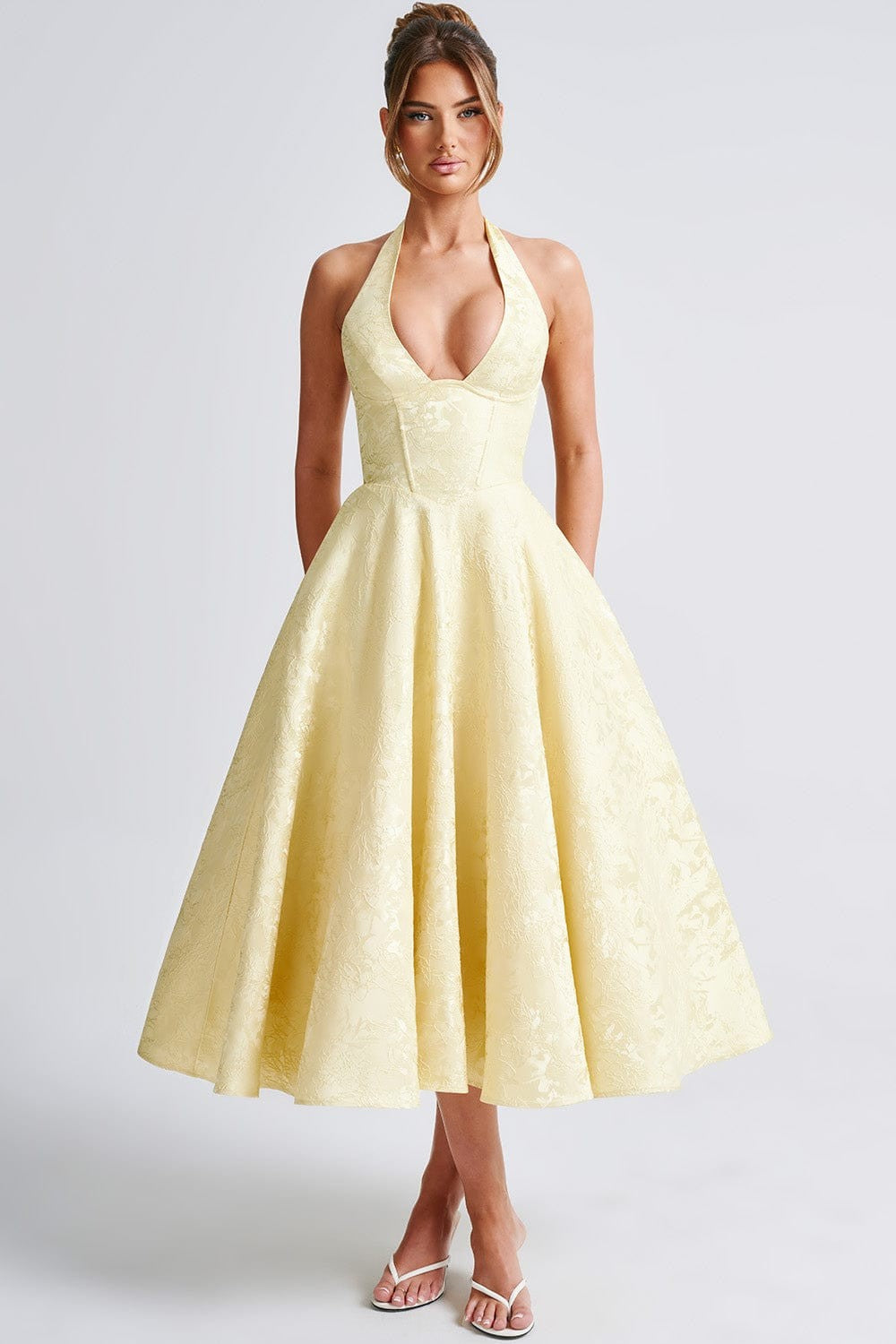 Jacquard Sleeveless Halter Neck Bow Midi Dress