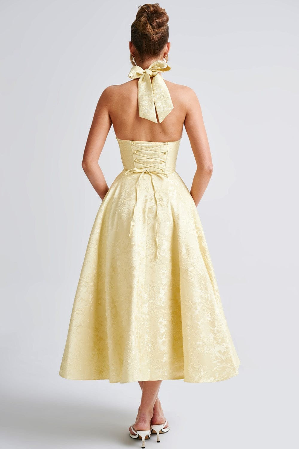 Jacquard Sleeveless Halter Neck Bow Midi Dress