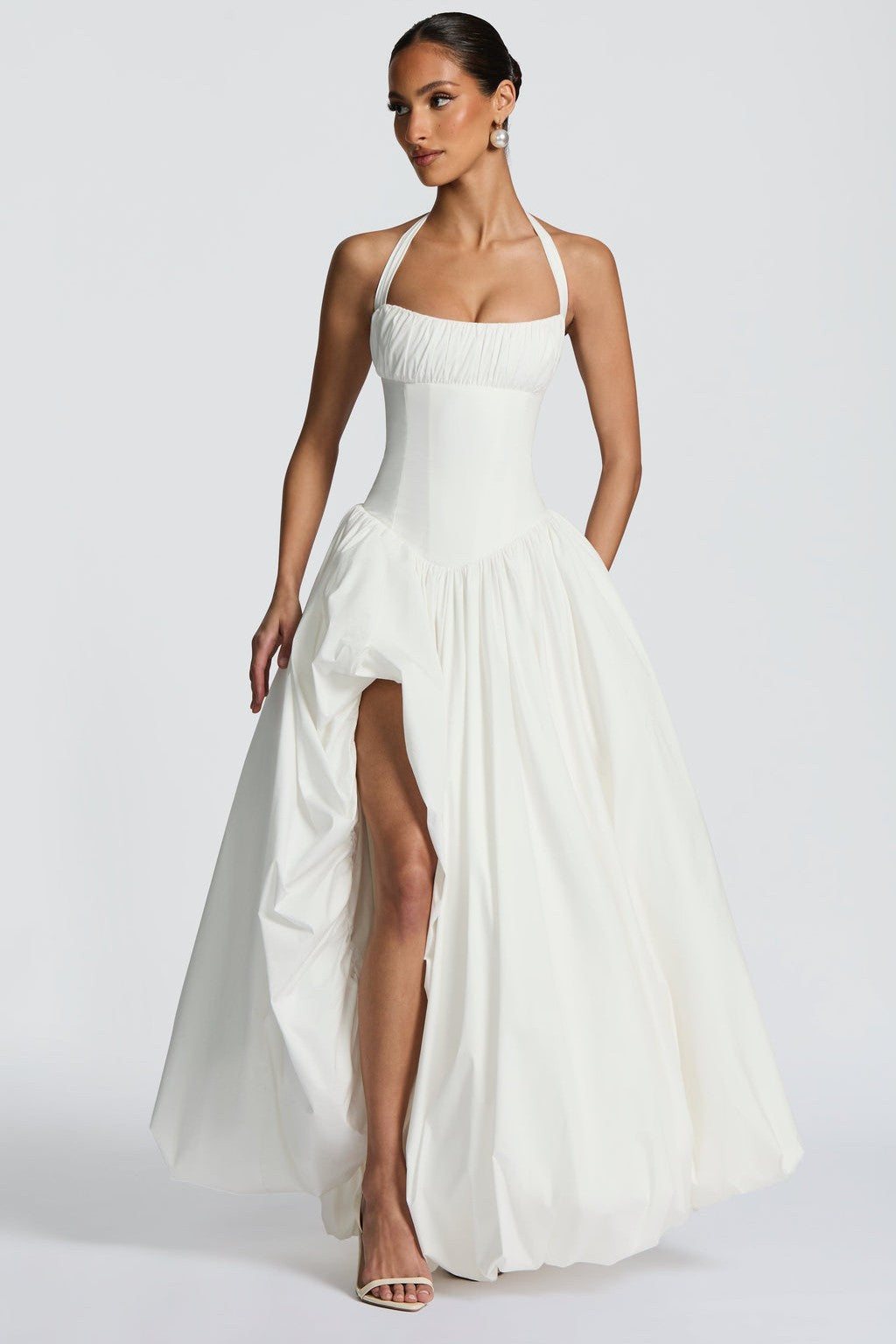 Solid Halter Neck Gathering Maxi Dress