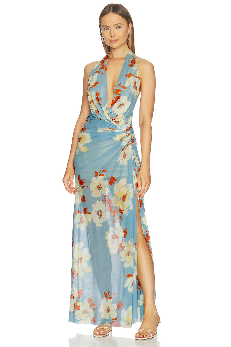 Mesh Floral Halter Neck Midi Dress