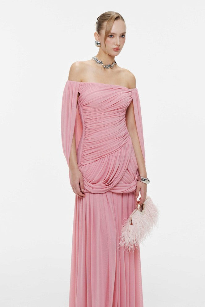Mesh Off Shoulder Gathering Maxi Dress