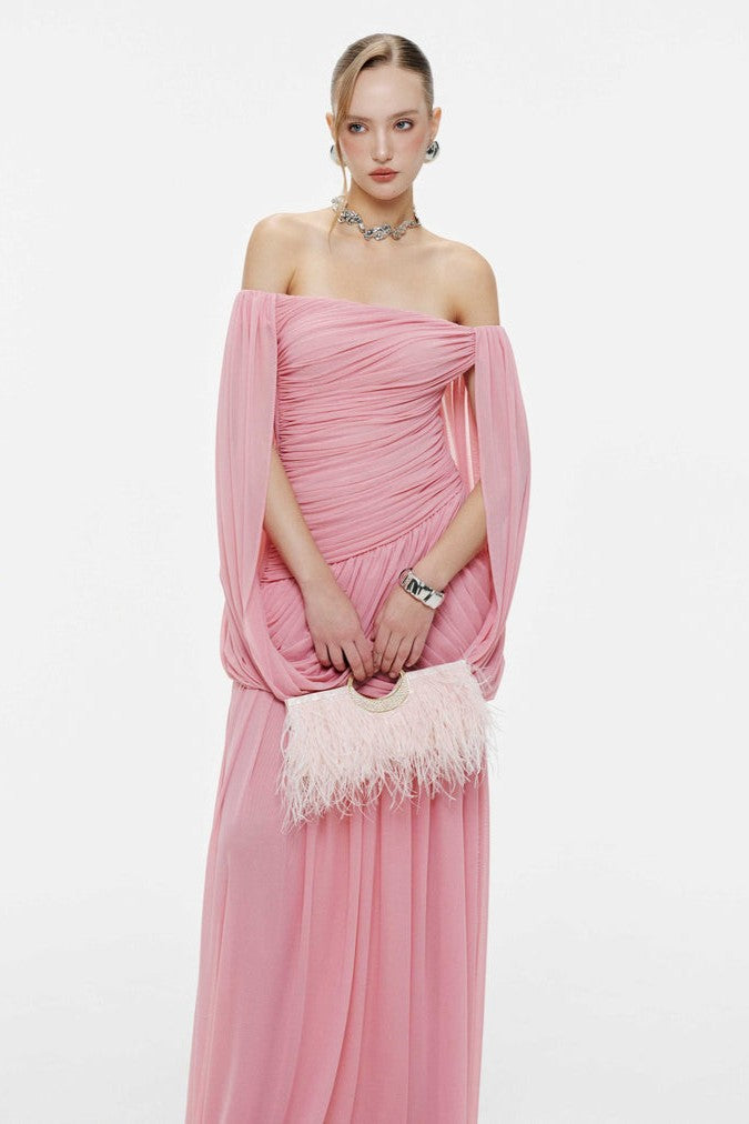 Mesh Off Shoulder Gathering Maxi Dress