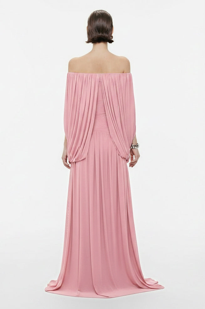 Mesh Off Shoulder Gathering Maxi Dress